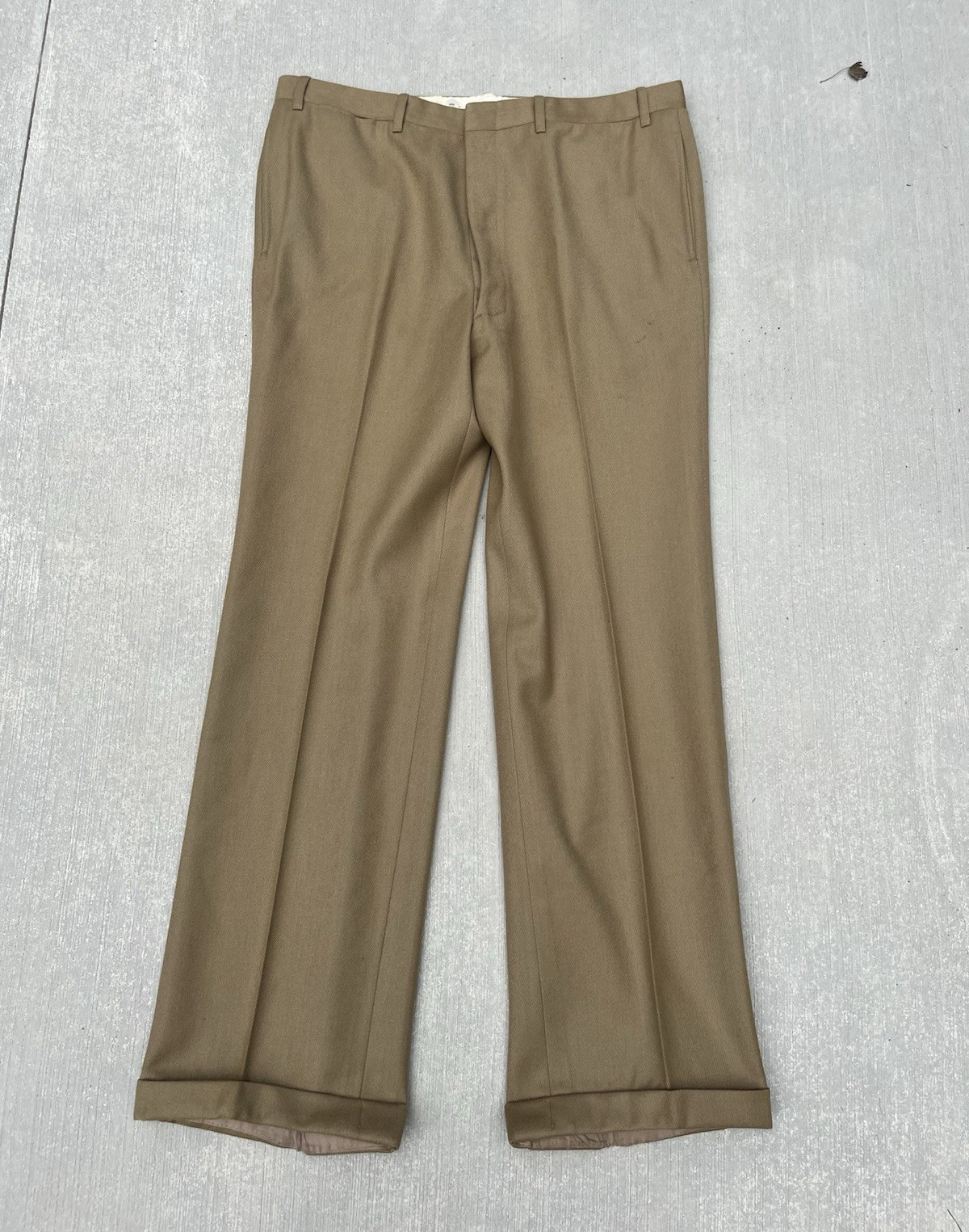 Vintage Lino Officine Men\'s Beige Solid Pleated Dress Pants Straight Twill 36W