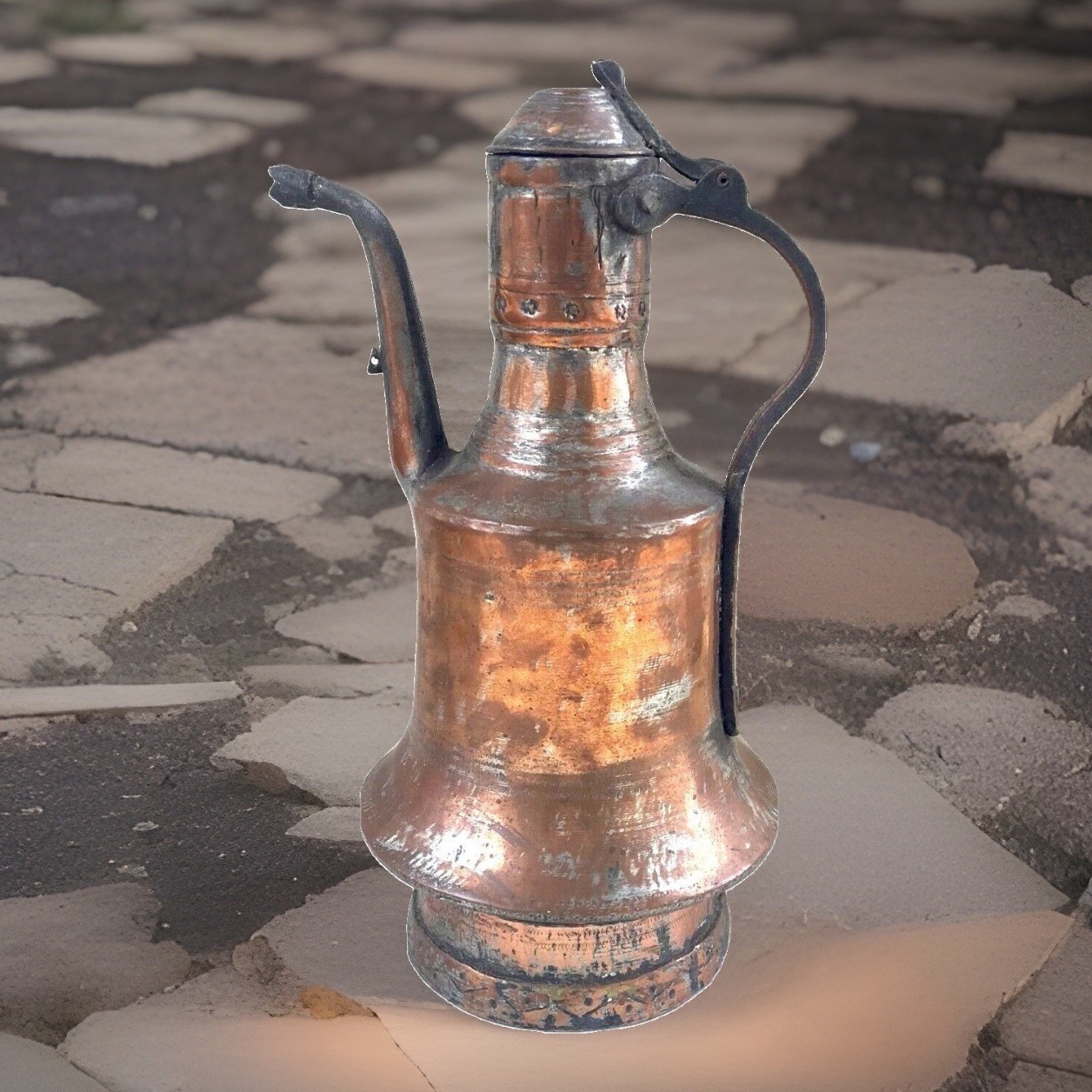 Vtg Hand Hammered Copper Ewer Riveted Handle Middle Eastern or N Africa 14\