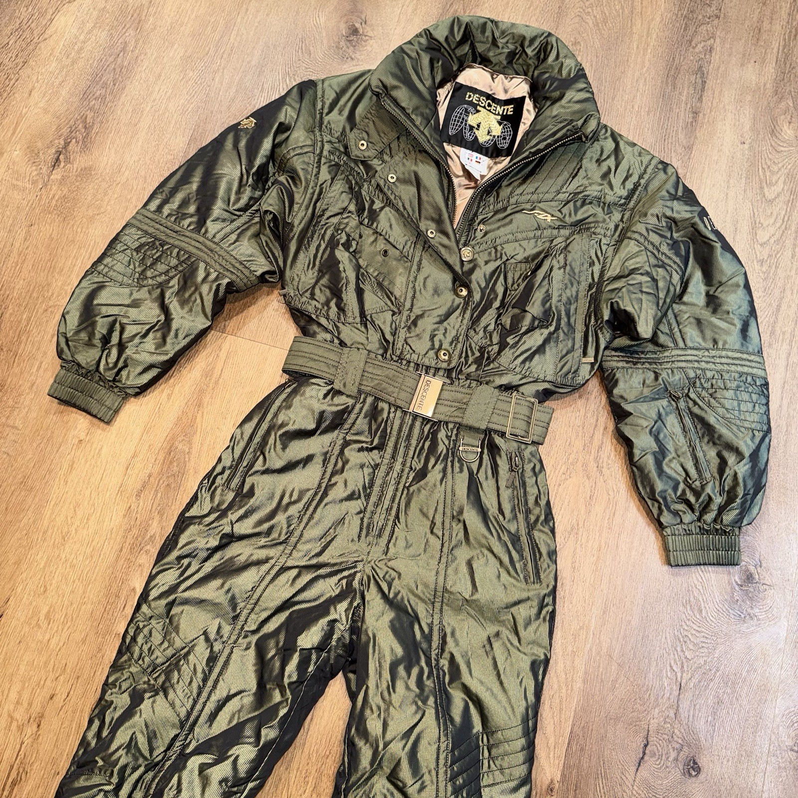 Descente Ski Suit One Piece Snowsuit Womens 6 Snow Bib Olive Retro Vintage 90s