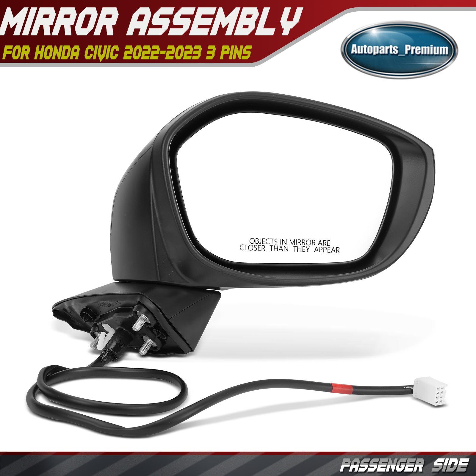 Passenger Power Mirror Manual Folding w/ 3-Pin for Honda Civic 2022 2023-2025 Passenger Power Mirror Manual Folding w/ 3-Pin for Honda Civic 2022 2023-2025