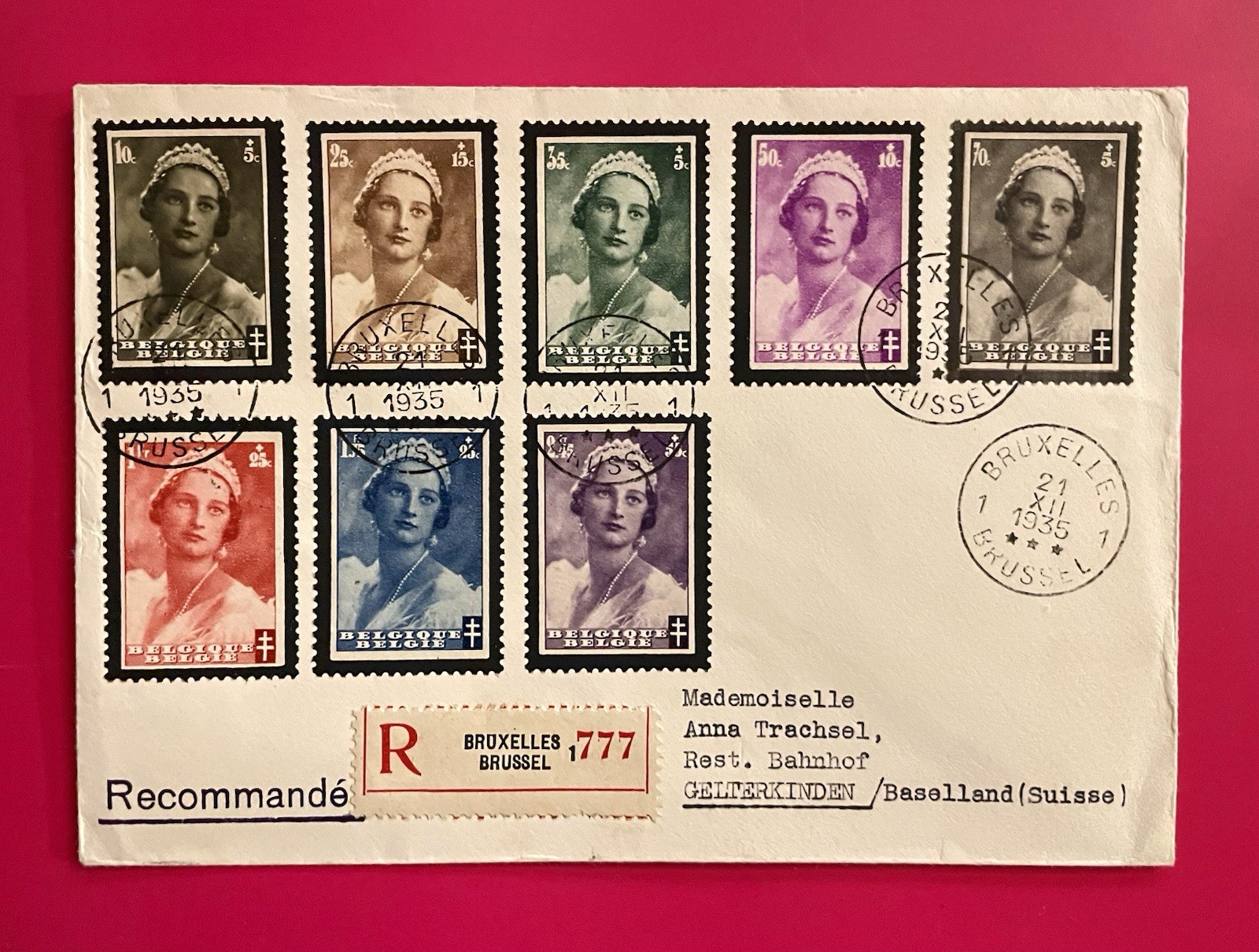 Stunning Belgium Queen Astrid 1935 Reg#777 Cover To Switzerland Stunning Belgium Queen Astrid 1935 Reg#777 Cover To Switzerland