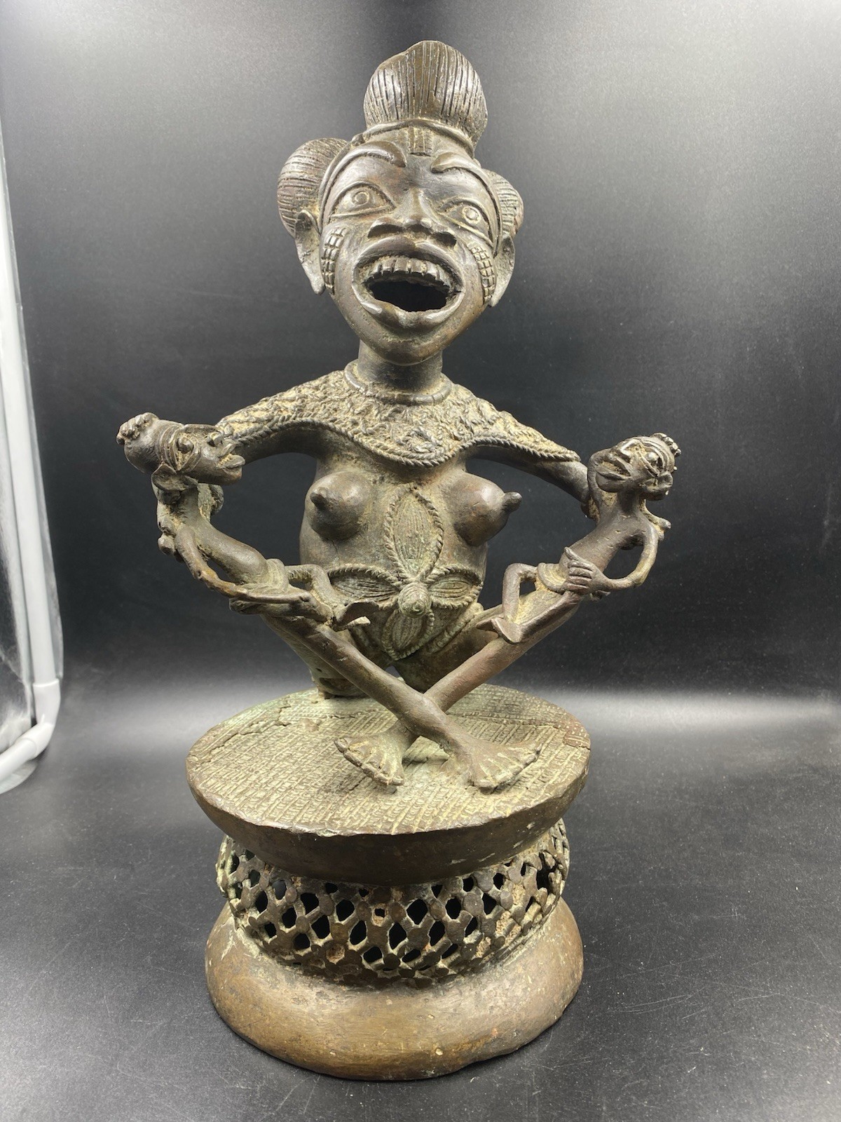 Vintage Tikar Bronze Maternity Statue Cameroon African Tribal Art Mother Twins