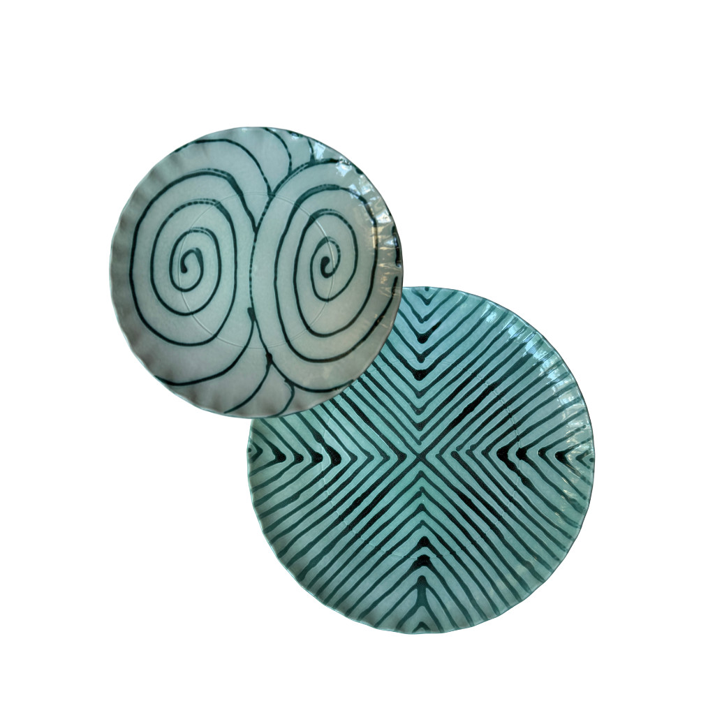Vintage Studio Pottery Plates Set 2 Signed Stewart 1988 Turquoise Green Ceramic