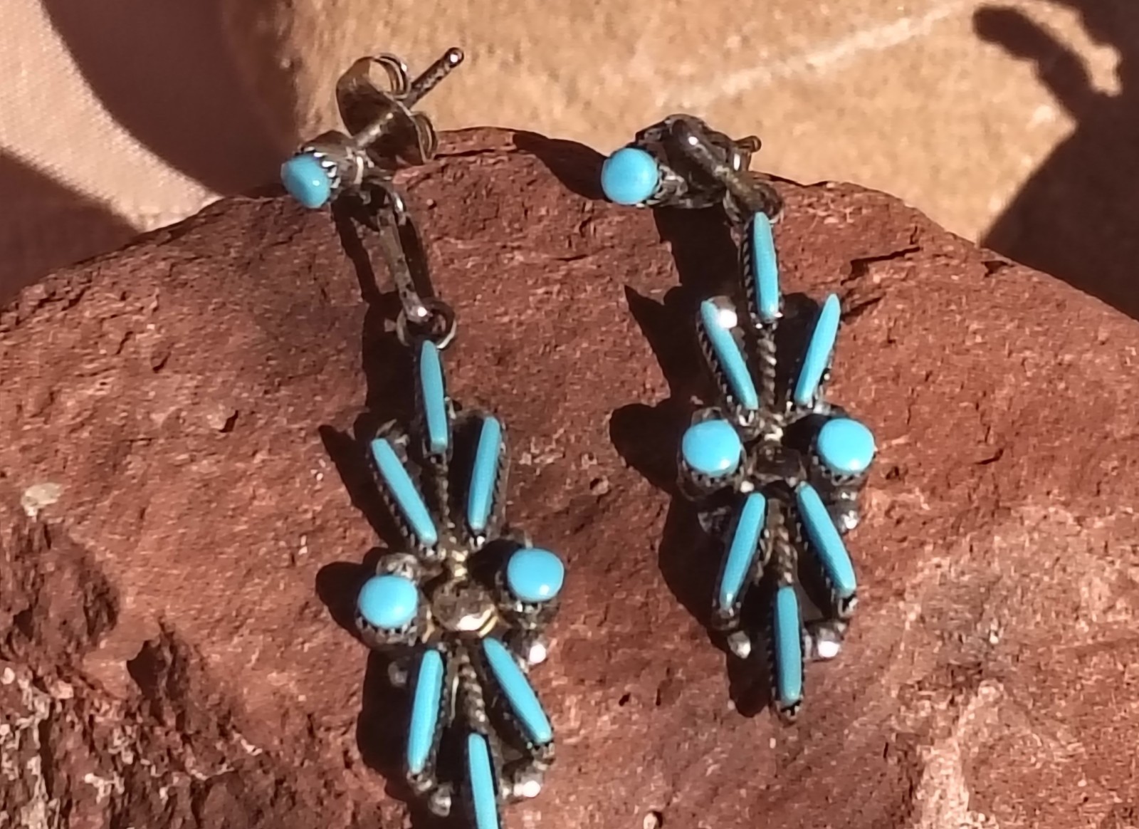 VTG Southwestern Zuni Needlepoint Inlay Sterling Turquoise Dangle Earrings