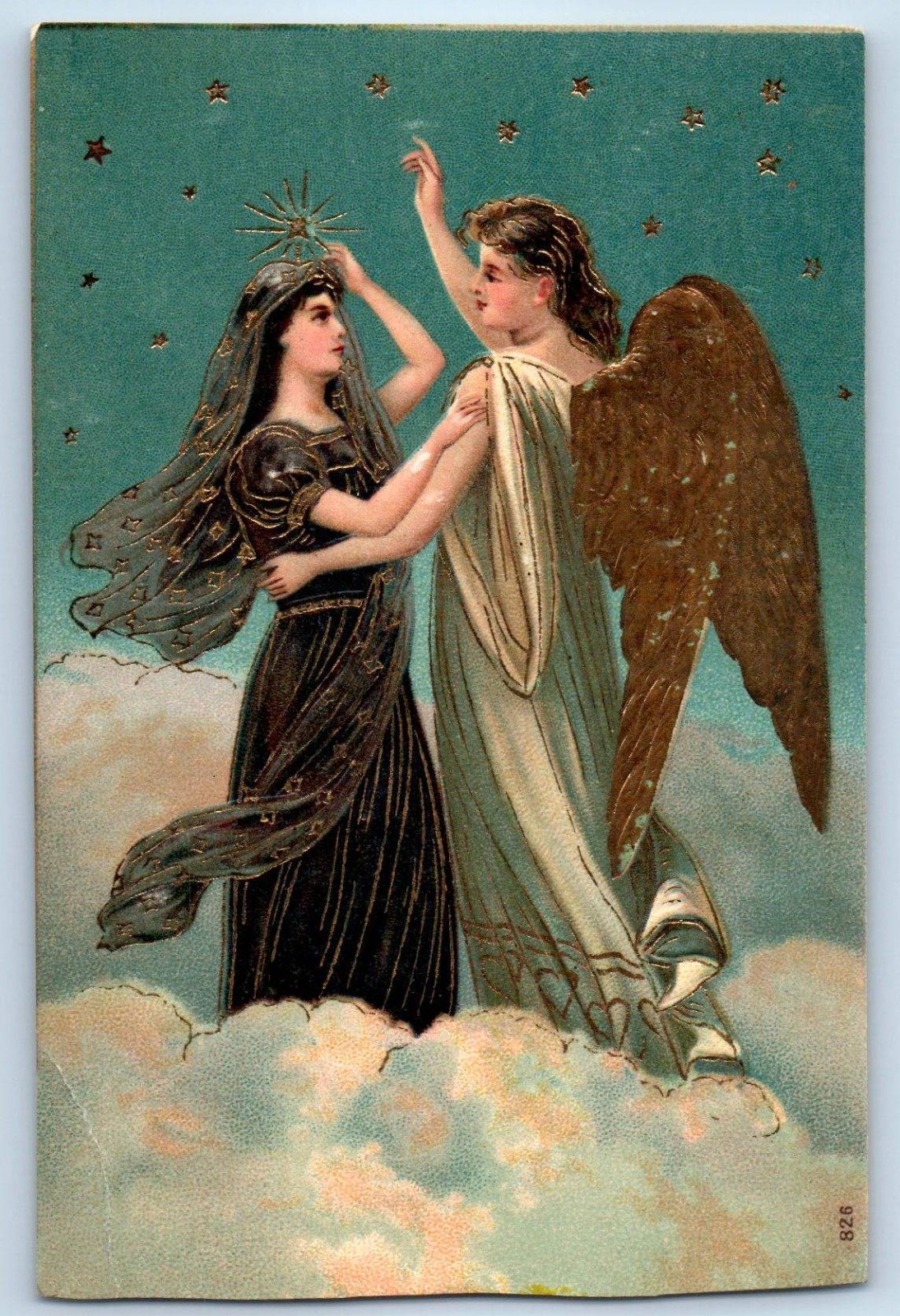 c1910's Christmas Religious Angel And Stars Embossed Unposted Antique Postcard