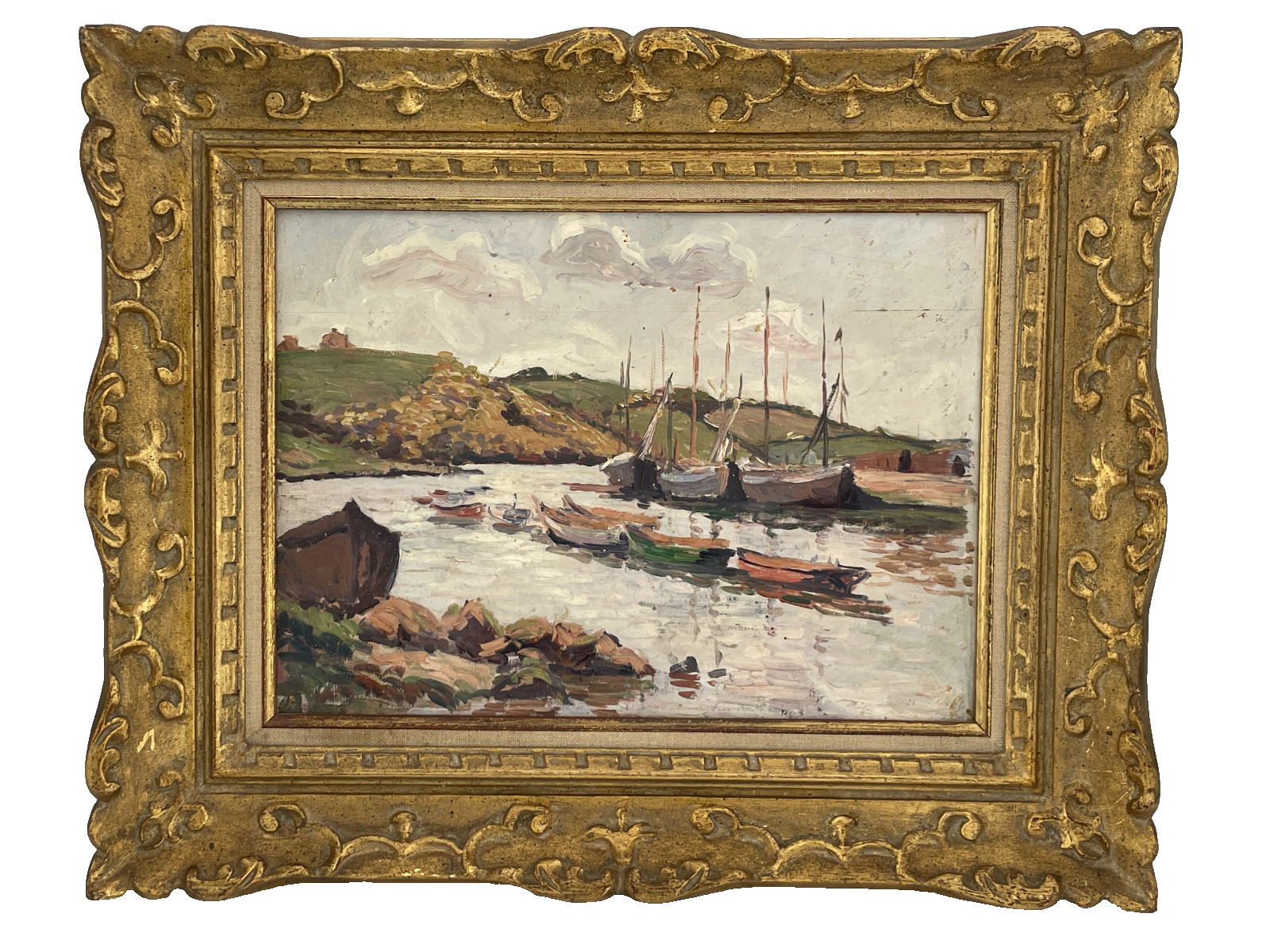 Antique French Oil Painting Harbor Fishing Boats Circle of Maxime Maufra