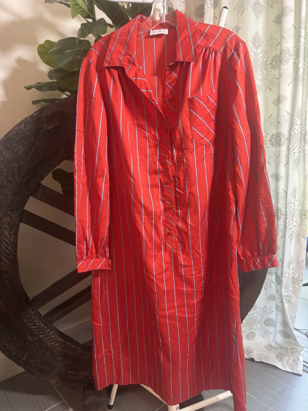 VTG 70s Leslie Pomer Red Striped Midi Shirt Long Sleeve Dress Mod L/XL VTG 70s Leslie Pomer Red Striped Midi Shirt Long Sleeve Dress Mod L/XL