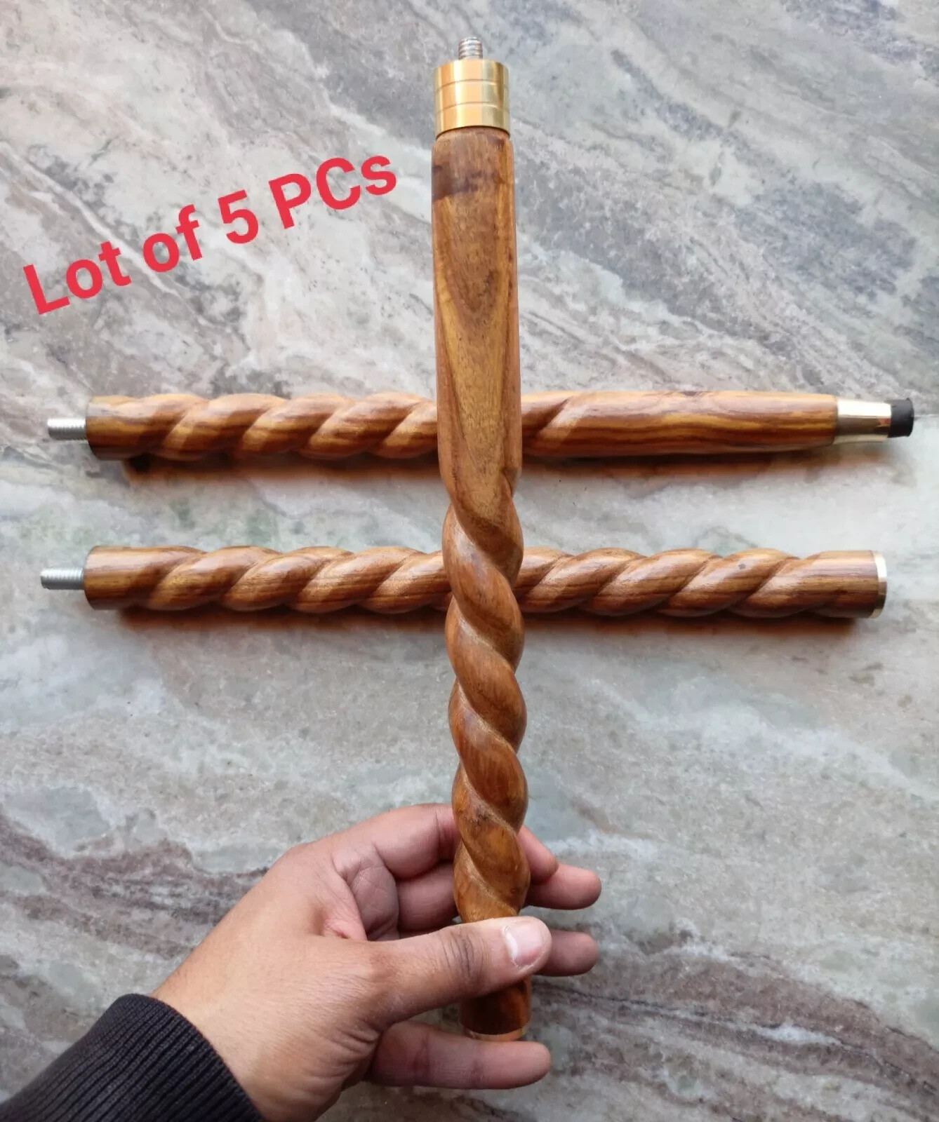 Lot of 5 PCs 3 Fold Brown Wooden Rope Spiral Walking Stick Cane For Head Handle 
