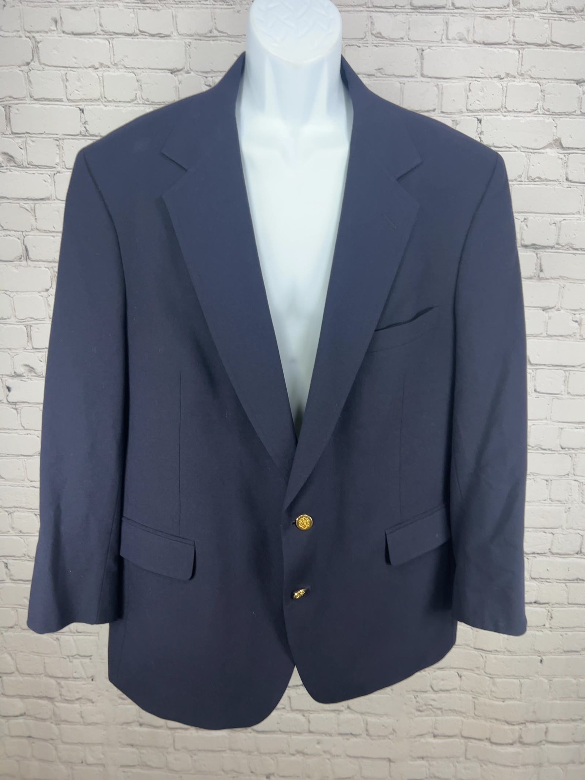 VTG John Clarendon Navy 100% Wool Gold Button 2 Button Blazer Sport Coat USA 48
