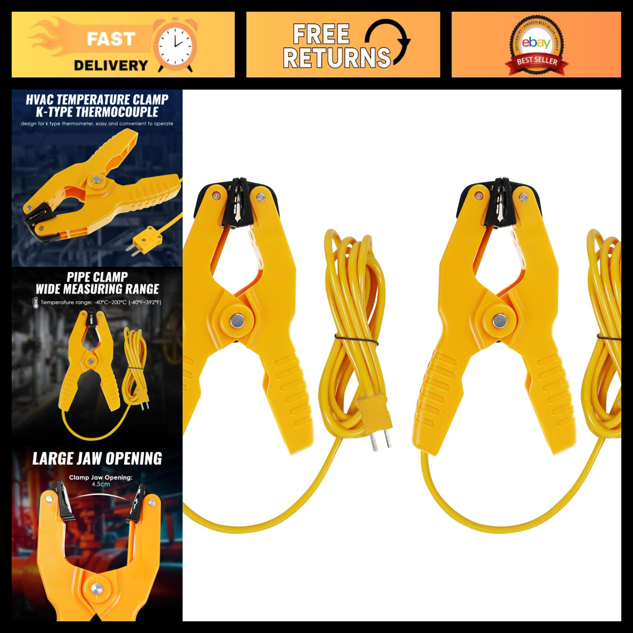 2 PCS K-Type Thermocouple Temperature Clamp Probe for HVAC Multimeter Sensor Cli