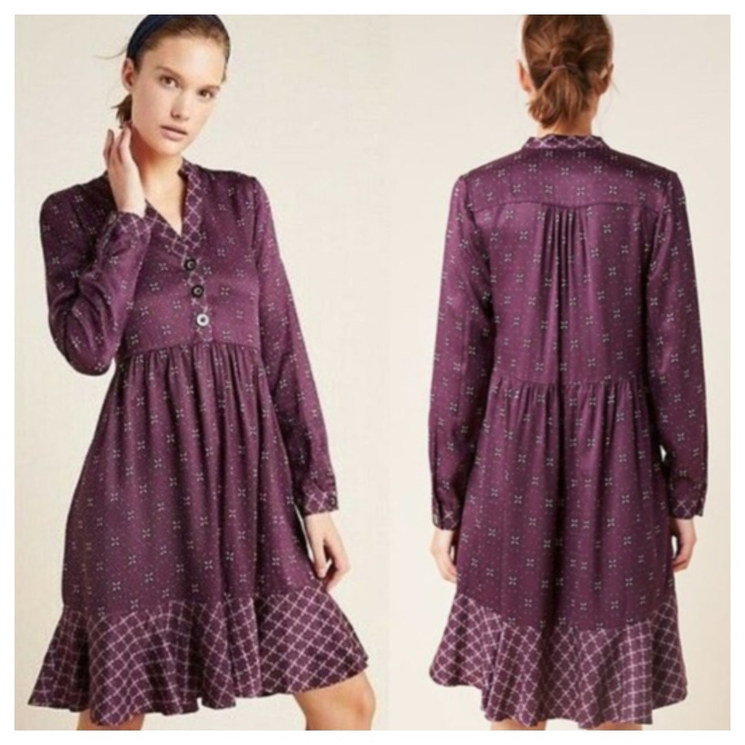 NWT Anthropologie Maeve Purple Gillian Abstract Long Sleeve Shirtdress Size 1X