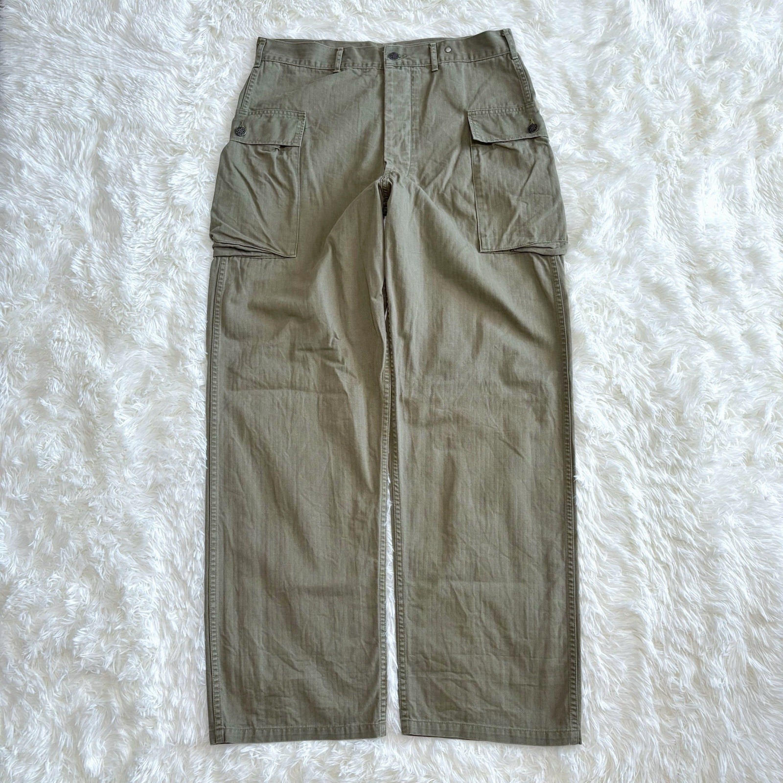 orSlow US Army Herringbone HBT Cargo Pants Olive Green Made in Japan Size 4 XL