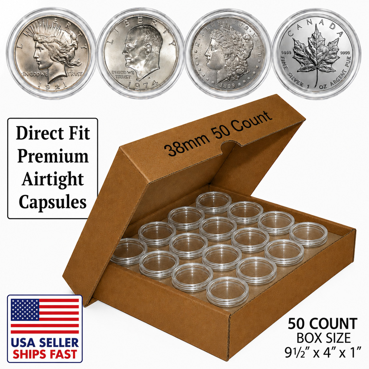 50 Direct-Fit Airtight H38 Coin Capsules Holders For MORGAN / PEACE / IKE DOLLAR