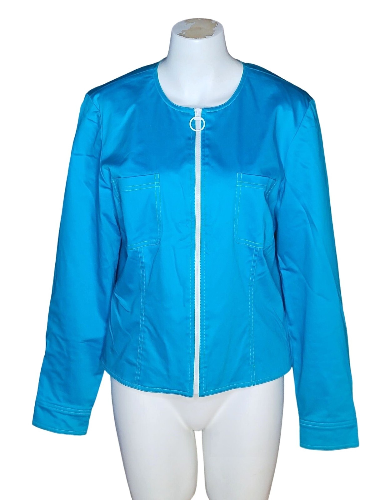 Maggy London Womens Zipper Front Jacket Size 12 Blue Pockets Snap Cuff