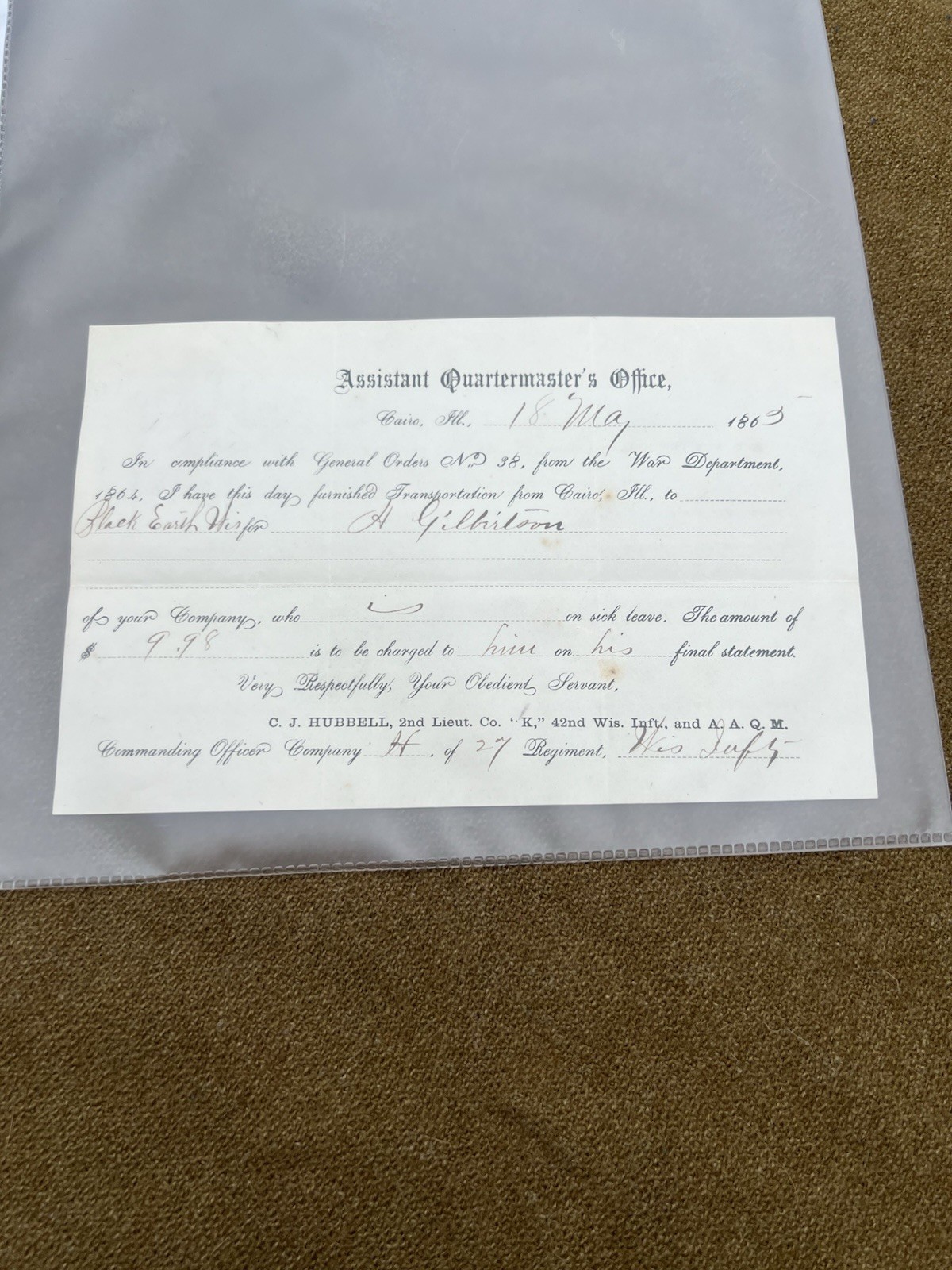 1864 Civil War Union States Document Sick Leave Billing for Wisconsin Soldier