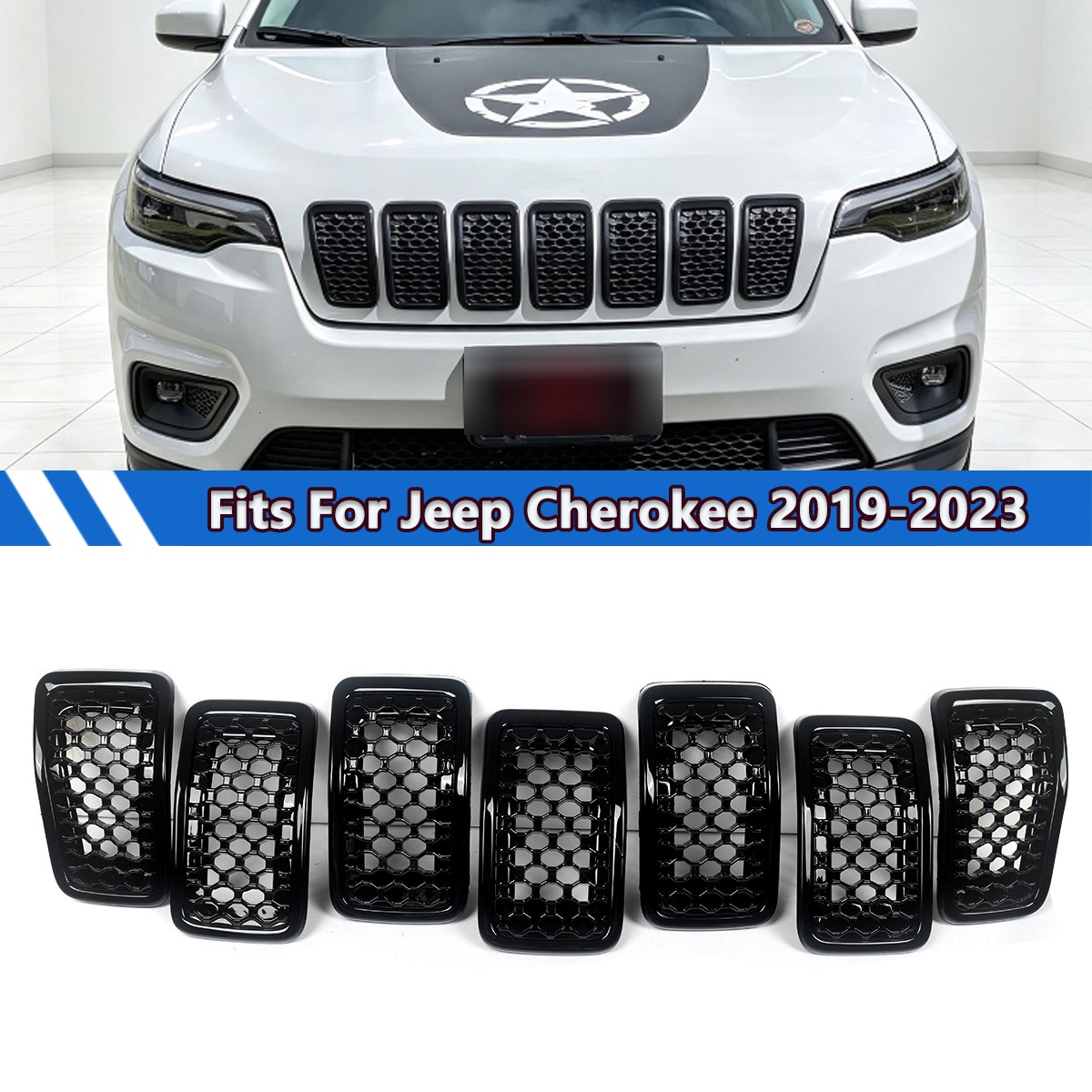 7pcs Front Hood Grille Insert For Jeep Cherokee 2019-2023 Trims Honeycomb Mesh