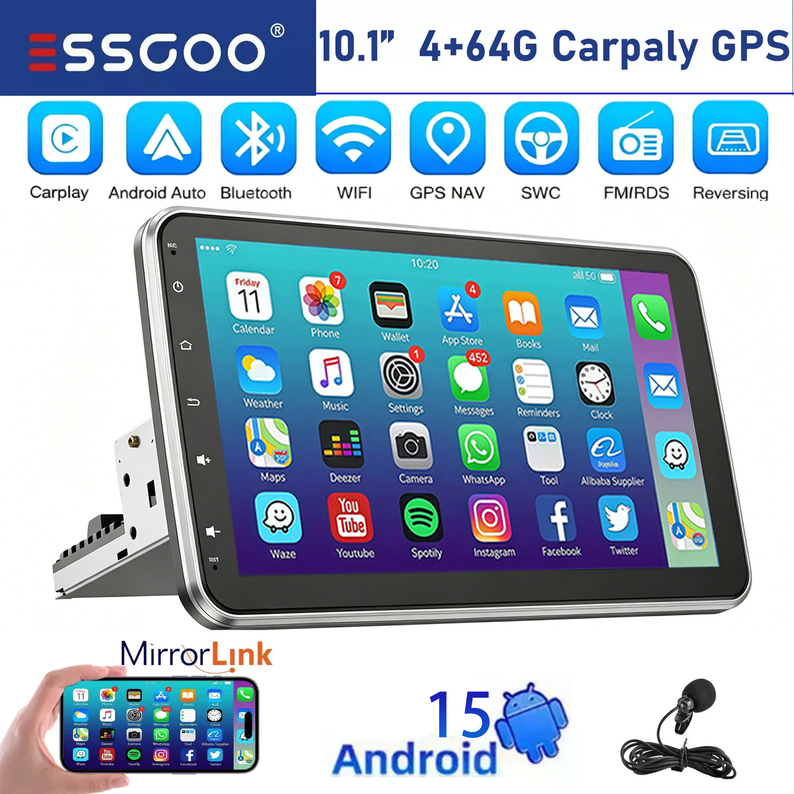 4G+64G 10\'\' Single 1 DIN Carplay Android 15 Car Stereo Radio Rotatable GPS WIFI
