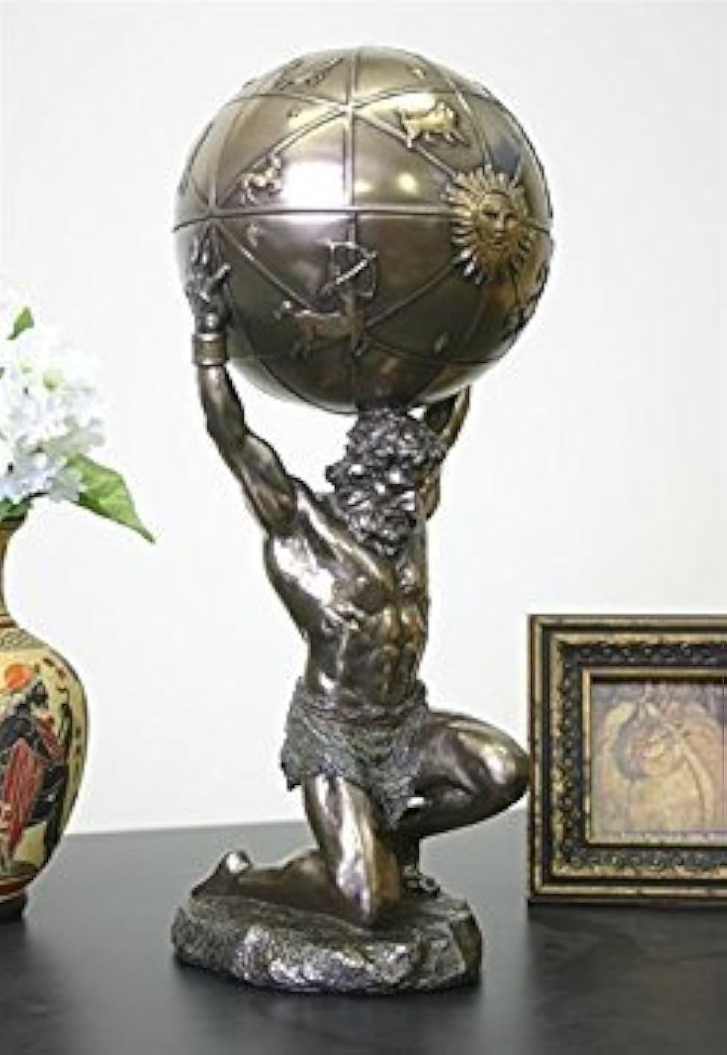 Veronese Design Atlas Holding World Greek Statue and Trinket Box, Bronze Finish