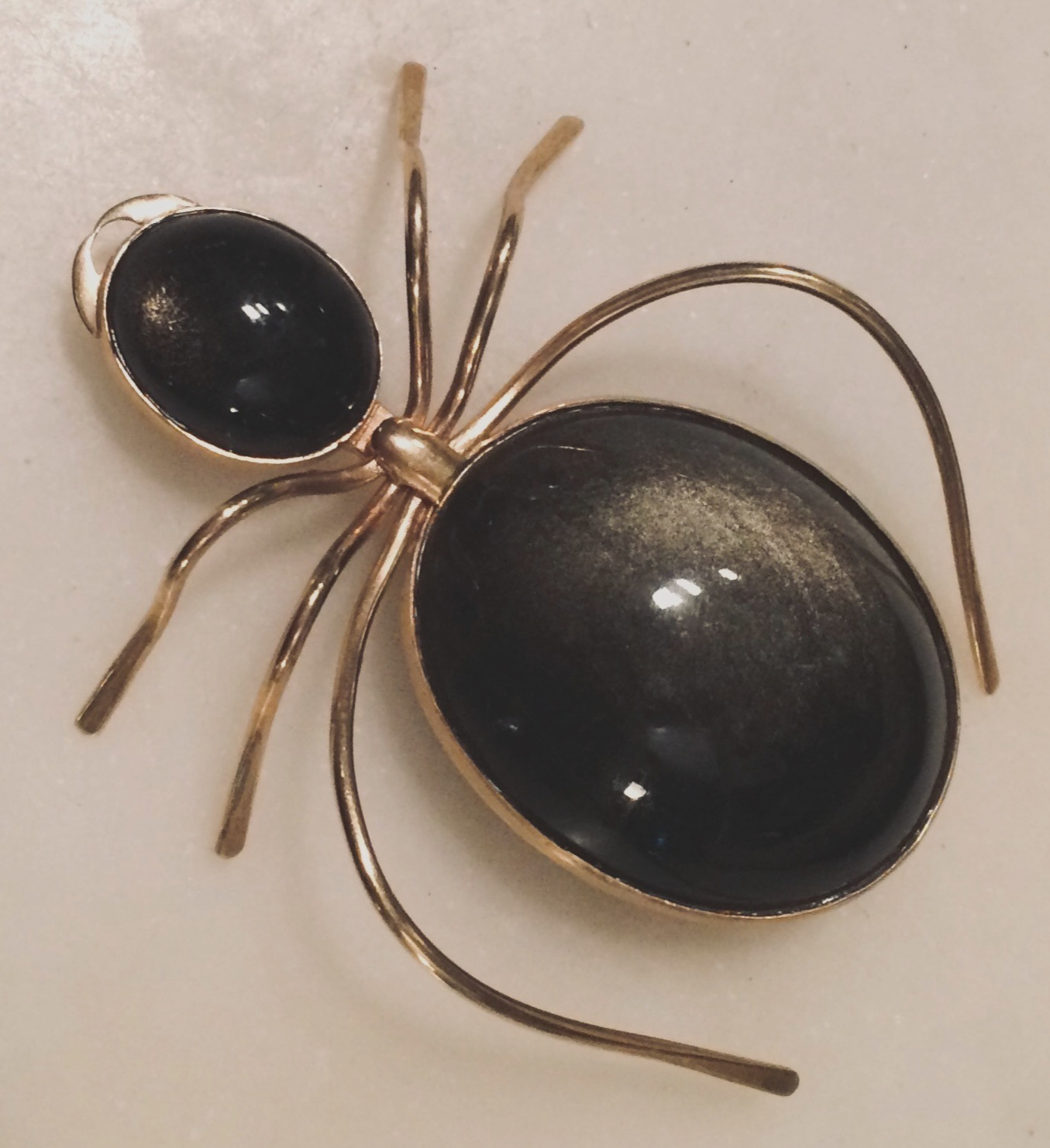LARGE 26.4 GRAMS 14KT GOLD ESTATE OBSIDIAN ANT BROOCH-PENDANT APPRAISED AT MORE