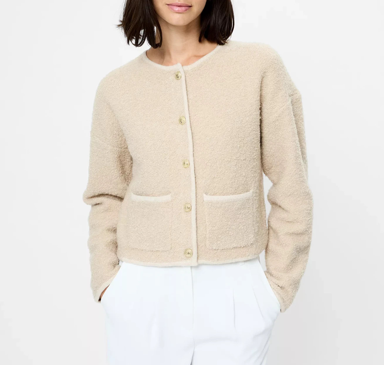 French Connection  Effie Boucle Round Neck Cardigan MSRP $158