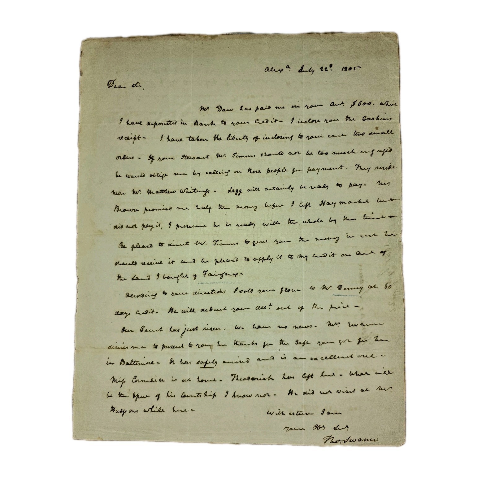 1805 Alexandria VA ALS Thomas Swann – Land Deal, Fairfax, Future Gov Of Maryland