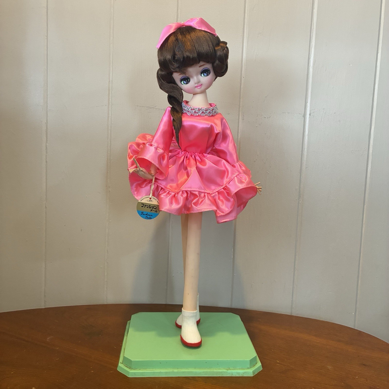 Vintage Posable Doll Big Eyes Japan  Pink Dress 19 Inch Fashion Doll