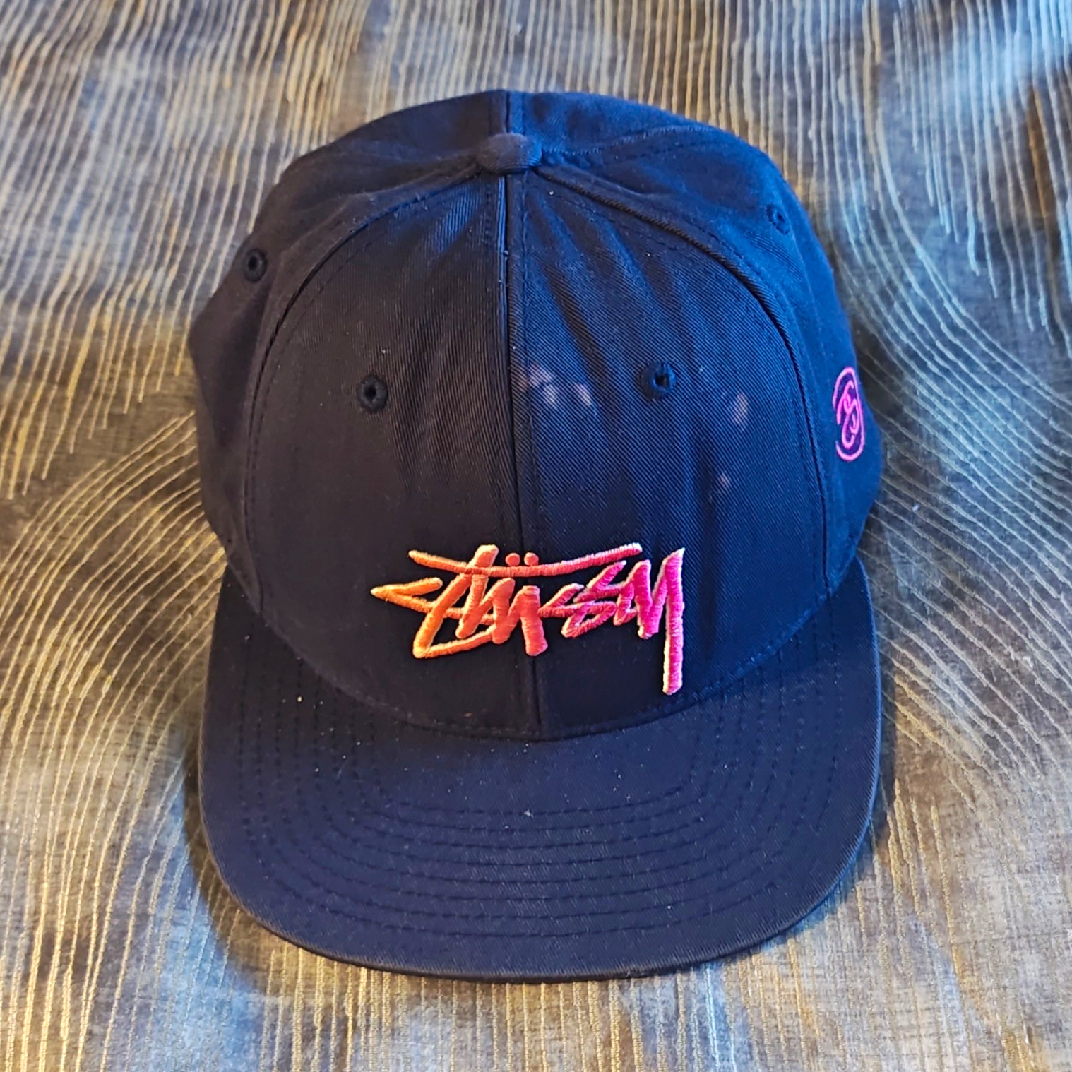 Stussy Script Logo Black Snapback Hat Pink Orange Embroidered 100% Cotton Rare