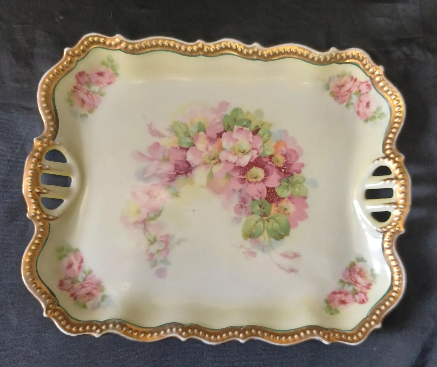 Antique PK Silesia Pink Rose Yellow Tint Handled Dresser Tray Early Eagle Mark