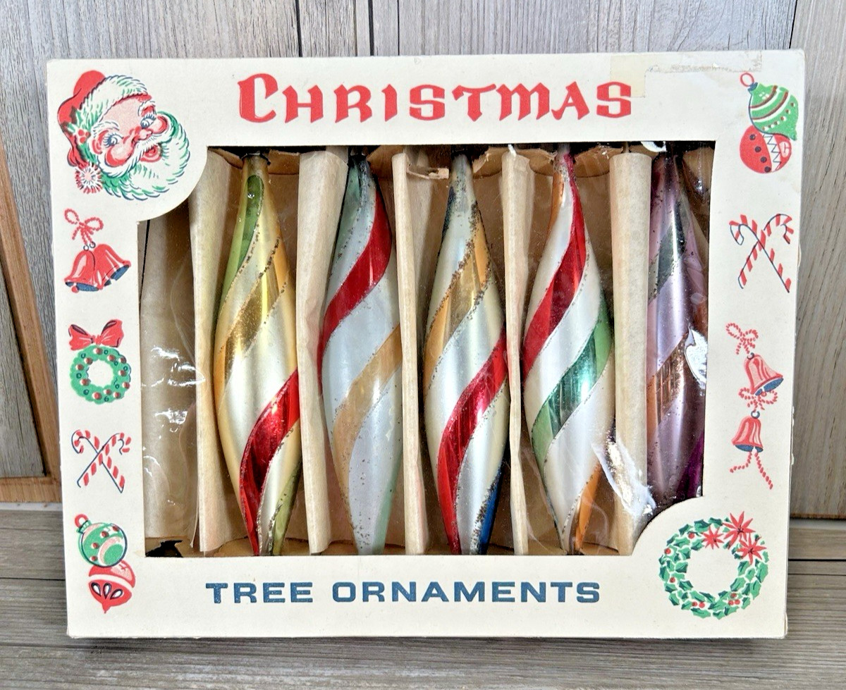 5 Vtg Glass Candy Stripe Torpedo Teardrop Christmas Ornaments 60’s Poland w/Box 5 Vtg Glass Candy Stripe Torpedo Teardrop Christmas Ornaments 60’s Poland w/Box