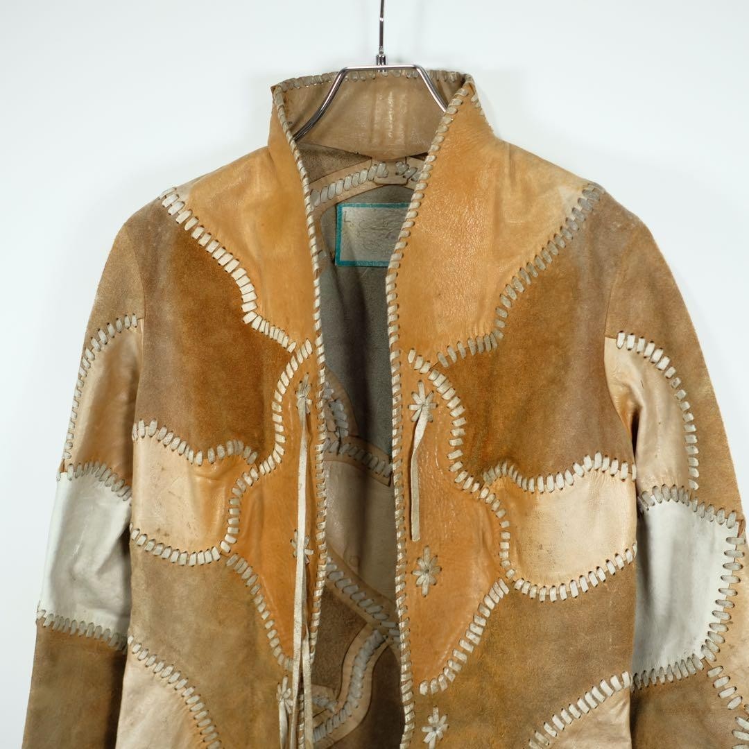 Char 1970s Mexican Leather Patchwork Jacket L Vintage Hippie Boho Style from JP