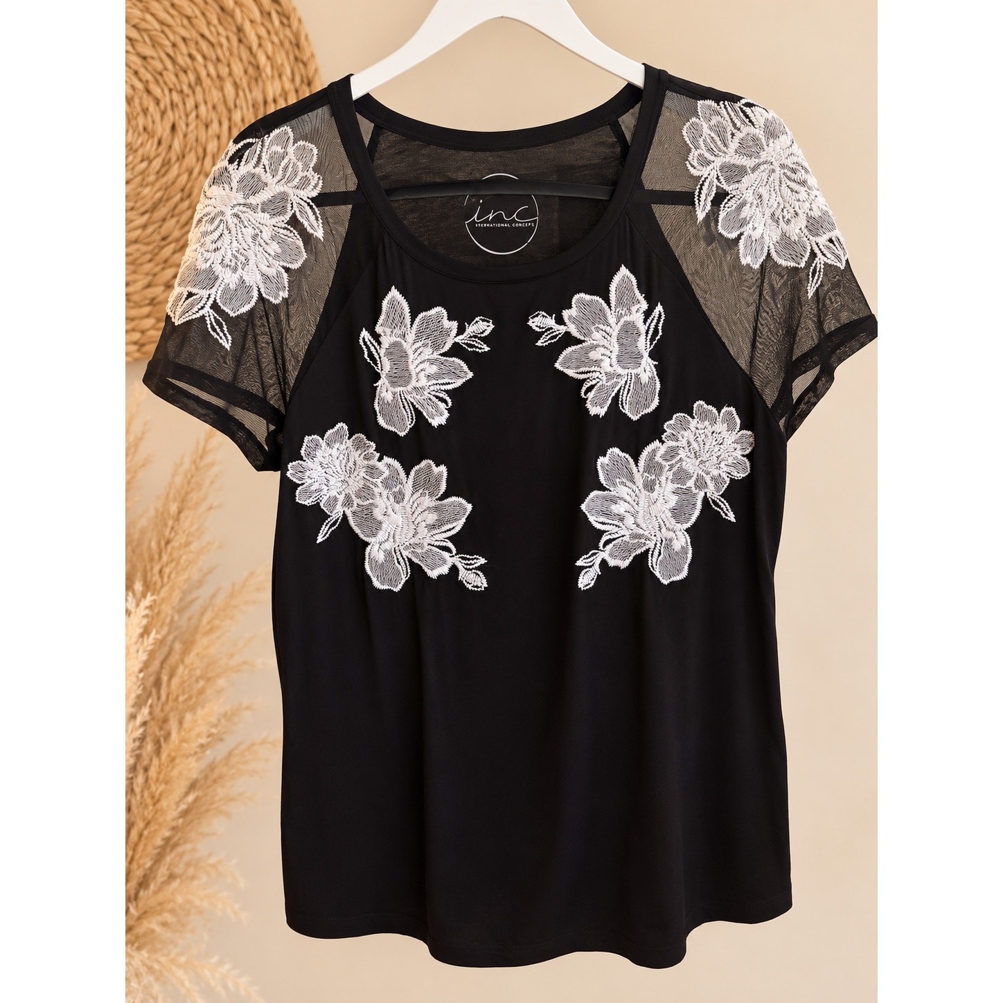 INC International Concepts Black Floral Embroidered Sheer Sleeve Top Women’s