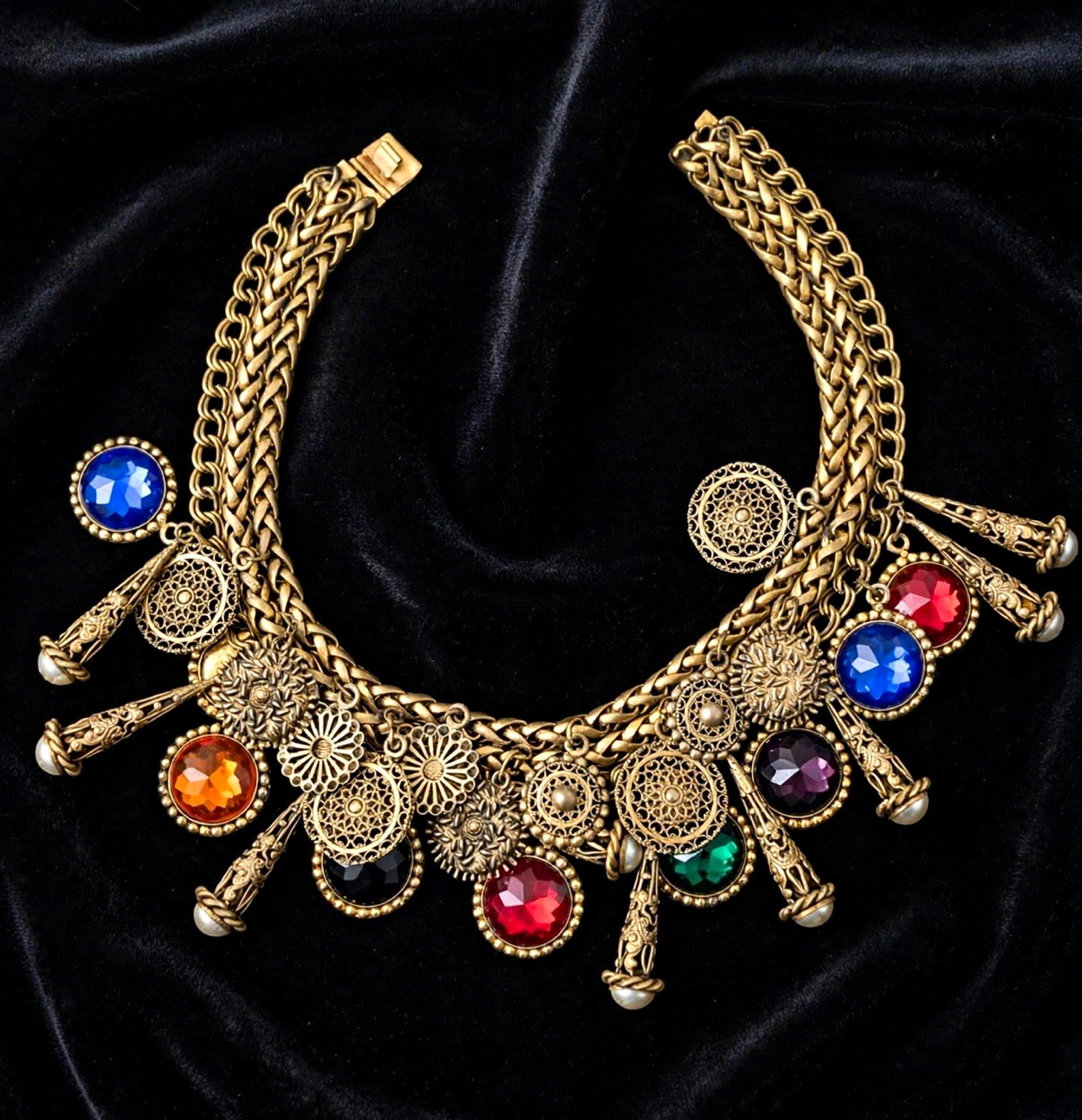 Rare  1970s Butler & Wilson Multicolor Crystal Statement Bib Necklace Signed