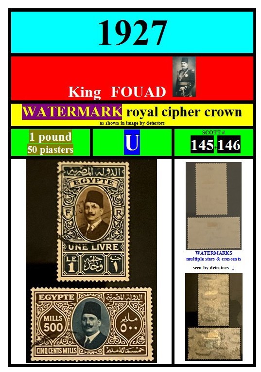 EGYPT stamps-1927-U-1 POUND+50 PT-king FOUAD (FUAD)-WATERMARK-SCOTT# 145-146