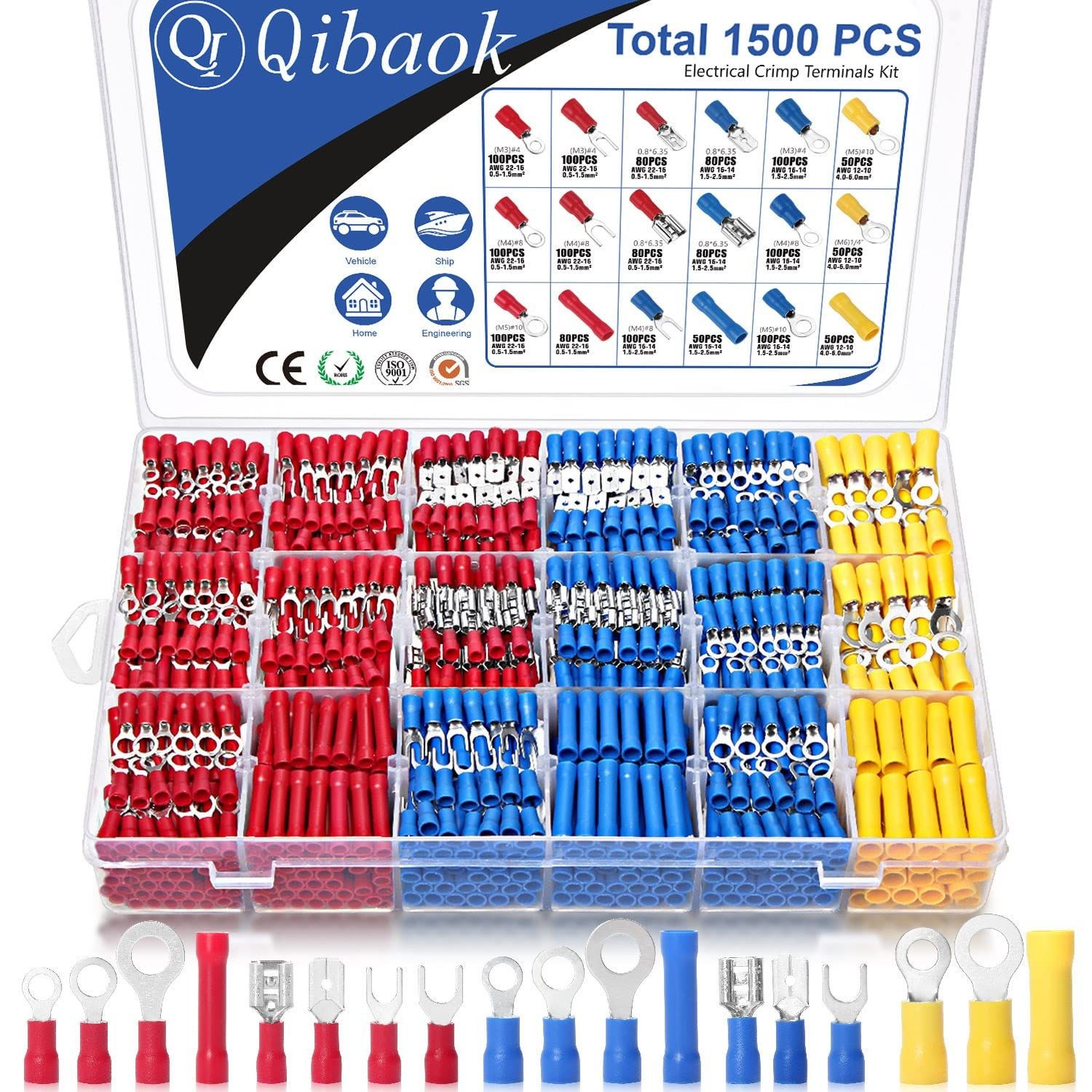 1500PCS Wire Connectors, Copper, Ring, Butt, Spade, Fork Connector Kit
