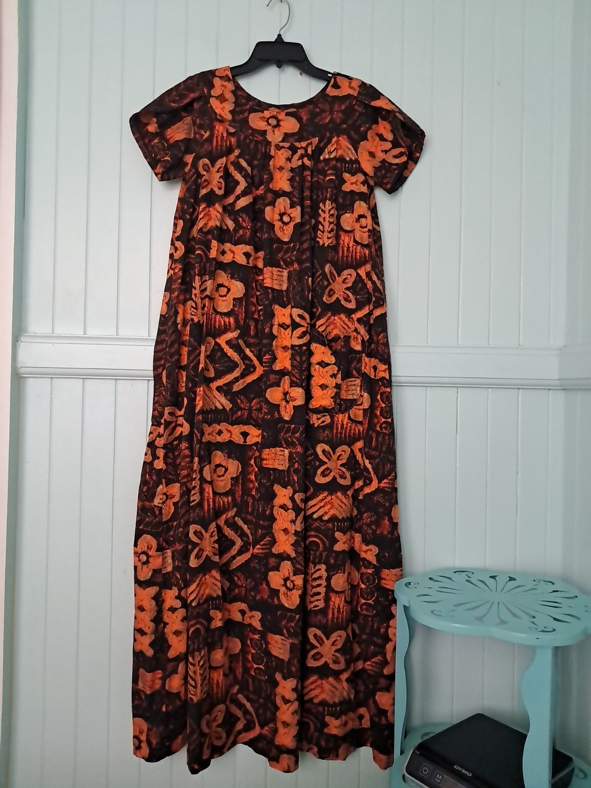 Vintage Homemade Hawaiian Aloha MCM 60\'s Dress Sz M/L Cotton Orange Tapa Print Vintage Homemade Hawaiian Aloha MCM 60\'s Dress Sz M/L Cotton Orange Tapa Print