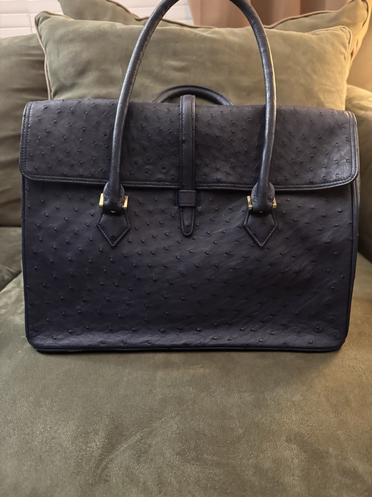 Brooks Brothers Blue Satchel Top Handle Bag Zip Closure Gold Hardware Pockets