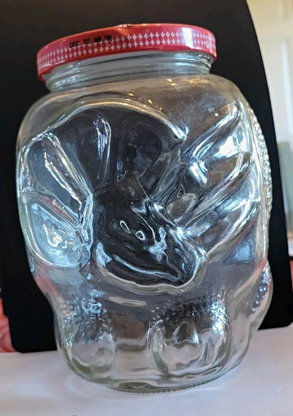 Vintage 1989 Kraft Strawberry Jelly Dinosaur Jar 32 oz  Glass  Red Lid 5.5 In.