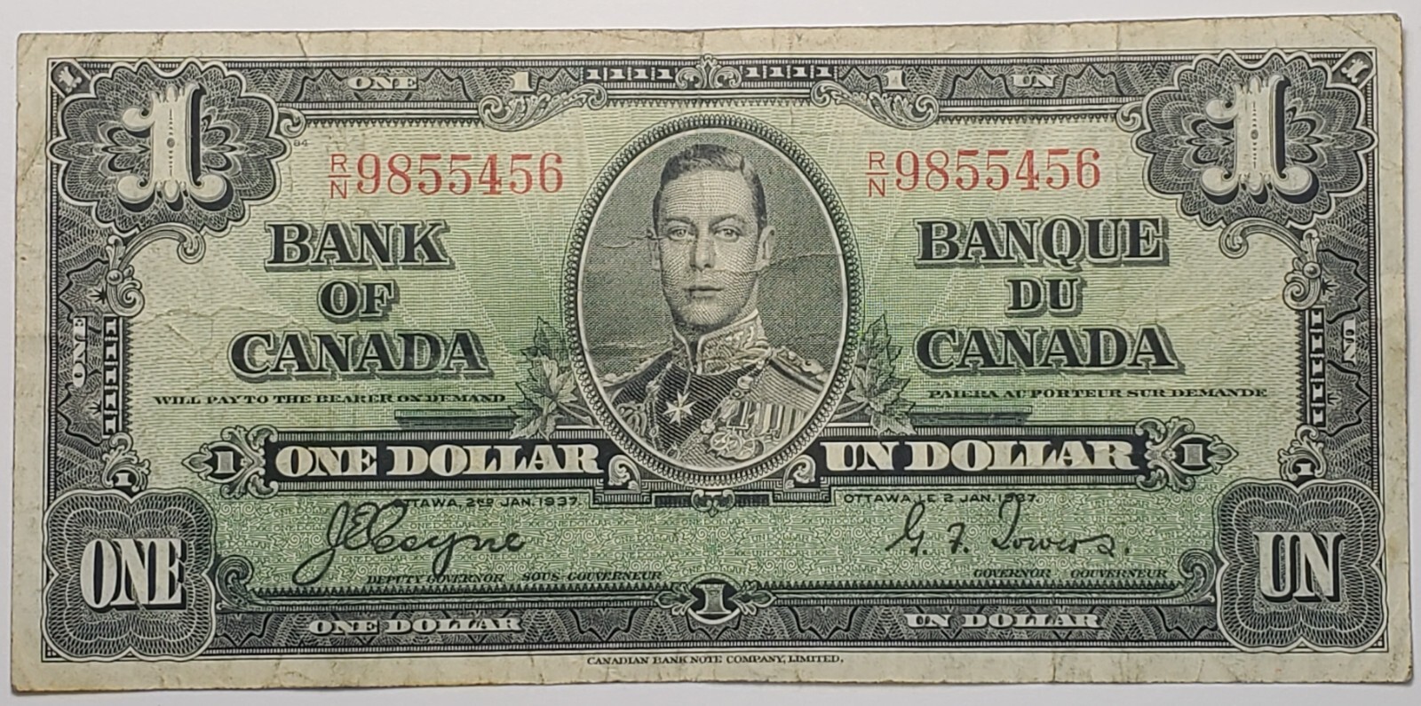 Canadian Nicer fairly crisp 1937 $1.00 note w/serial# RN9855456 Canadian Nicer fairly crisp 1937 $1.00 note w/serial# RN9855456