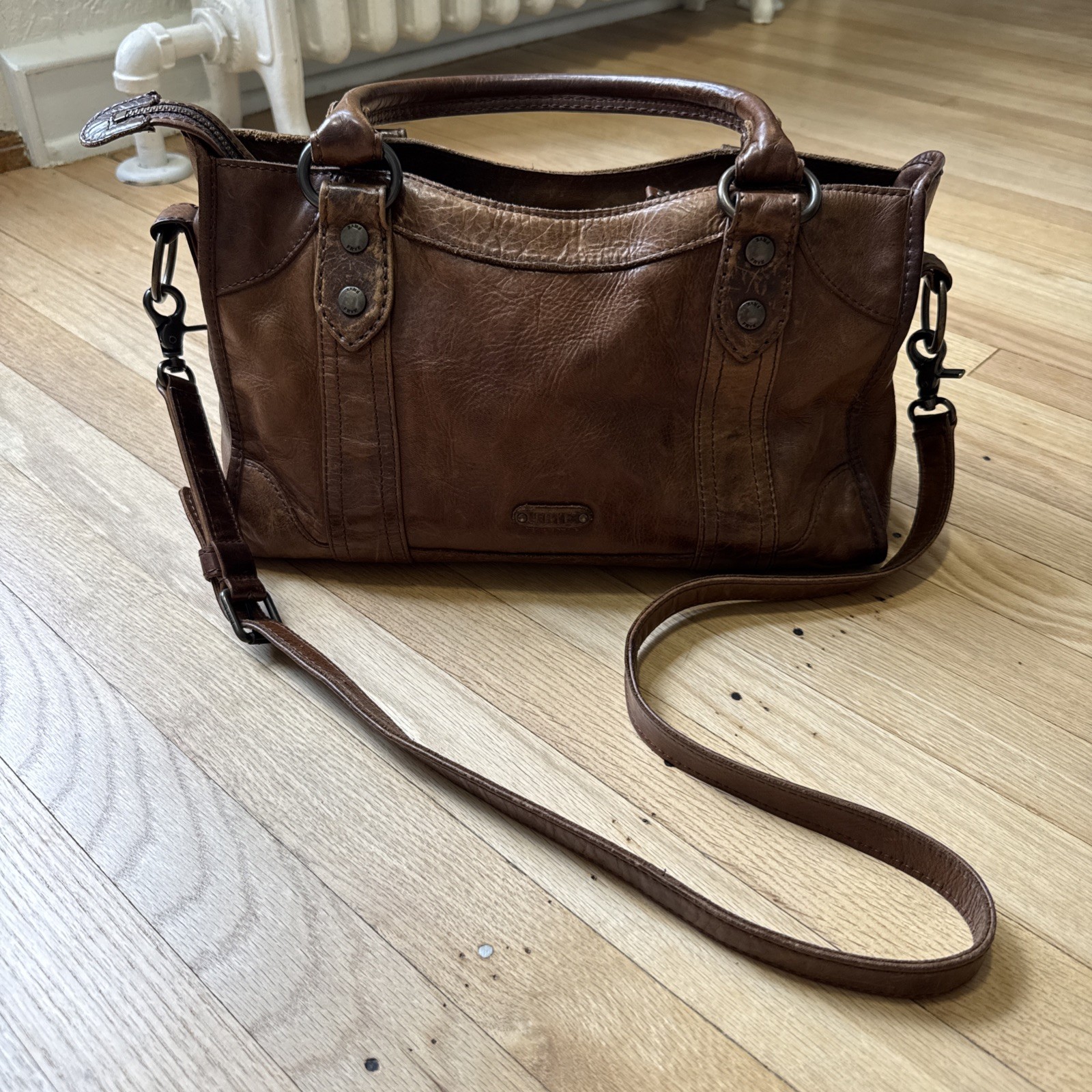 Frye Melissa Satchel Bag Womens Brown Leather Top Handle Crossbody Purse Vintage