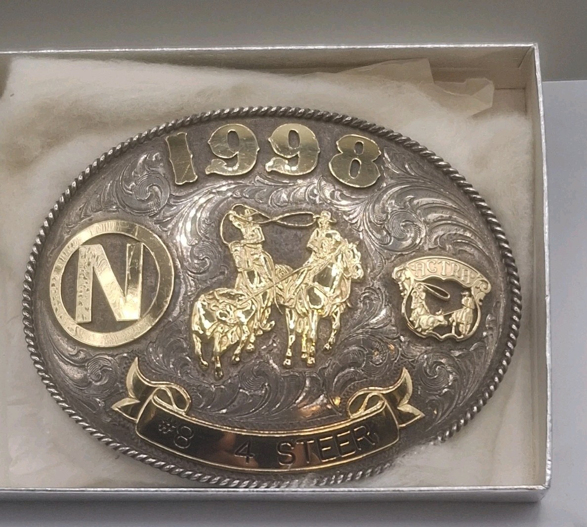 LARGE WAGE\'S 1998 ACTRA #8 4 STEER TROPHY BUCKLE 1/20 14k GF SILVER OVERLAY VNTG