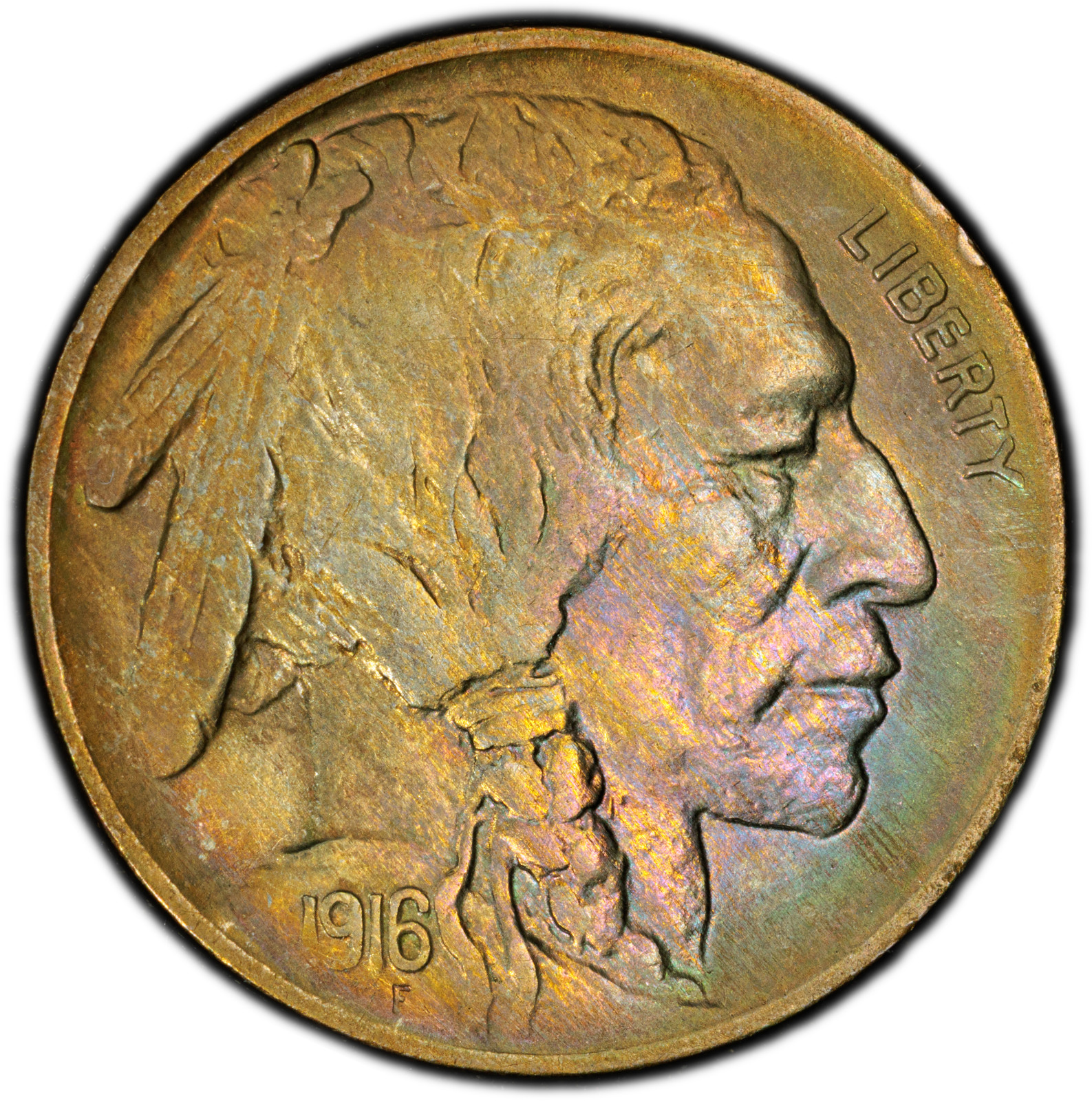 1916-P PCGS Genuine AU Buffalo Nickel | Rainbow Toning | 40th Anniversary Label