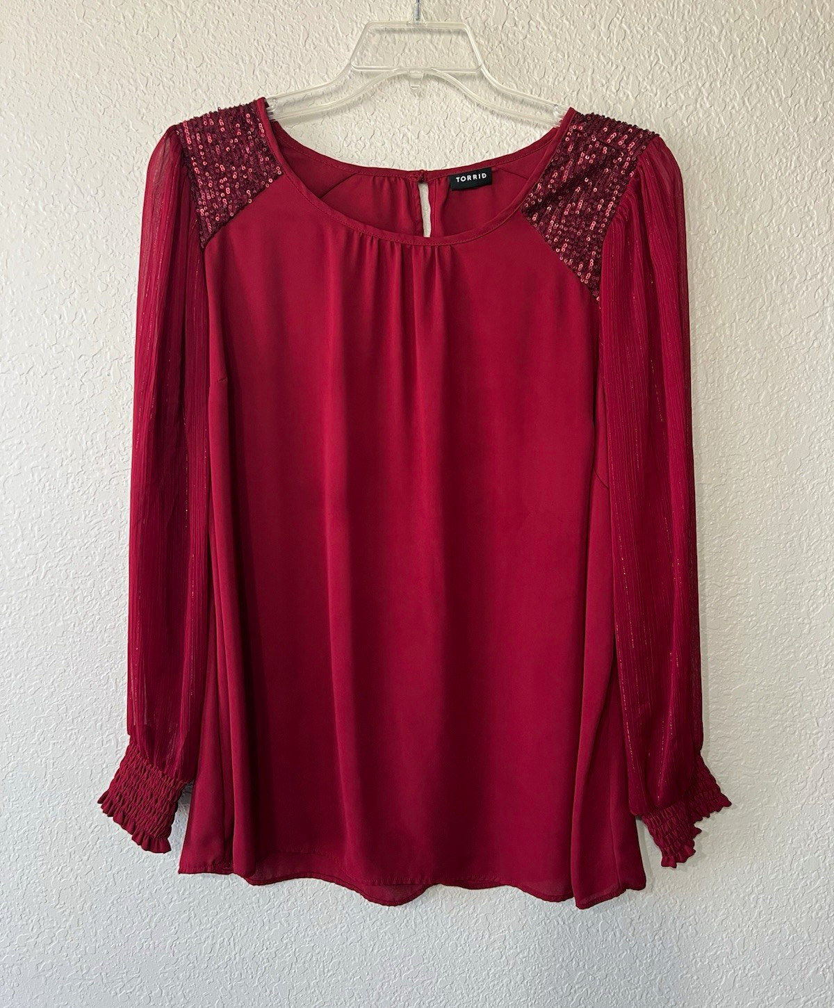 Torrid Women’s Plus Size 1X Red Sheer Chiffon Sequin Shoulder Long Sleeve Blouse