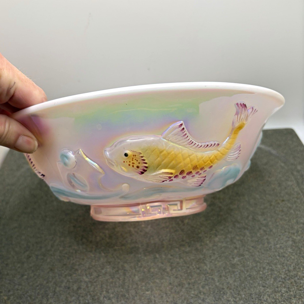 Vintage Fenton bowl with Pink iridescent Atlantis Raised Fish Design Round 9 in