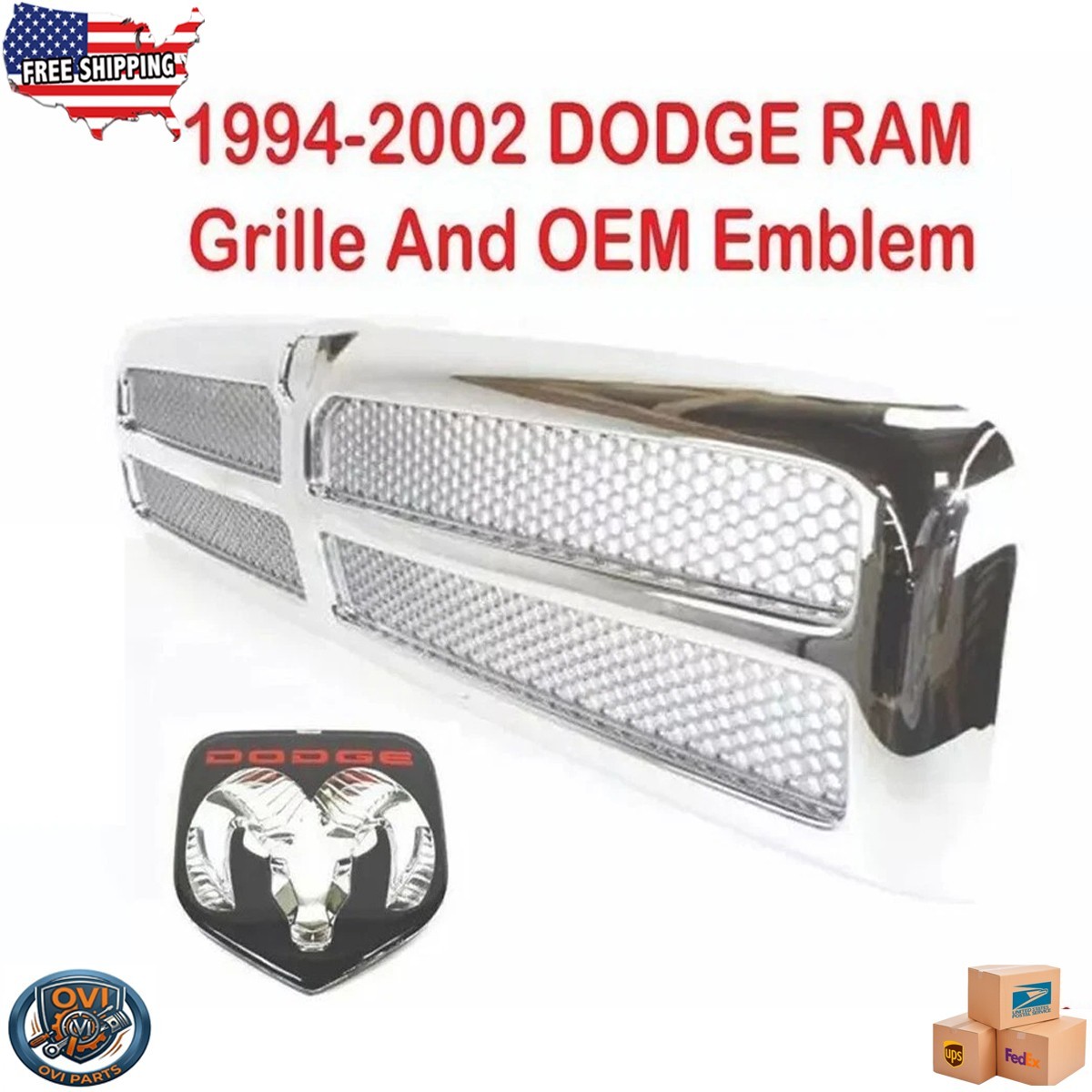 For 1994-2002 DODGE RAM 1500 2500 Front Chrome Grille With Mopar OEM Emblem 2PC