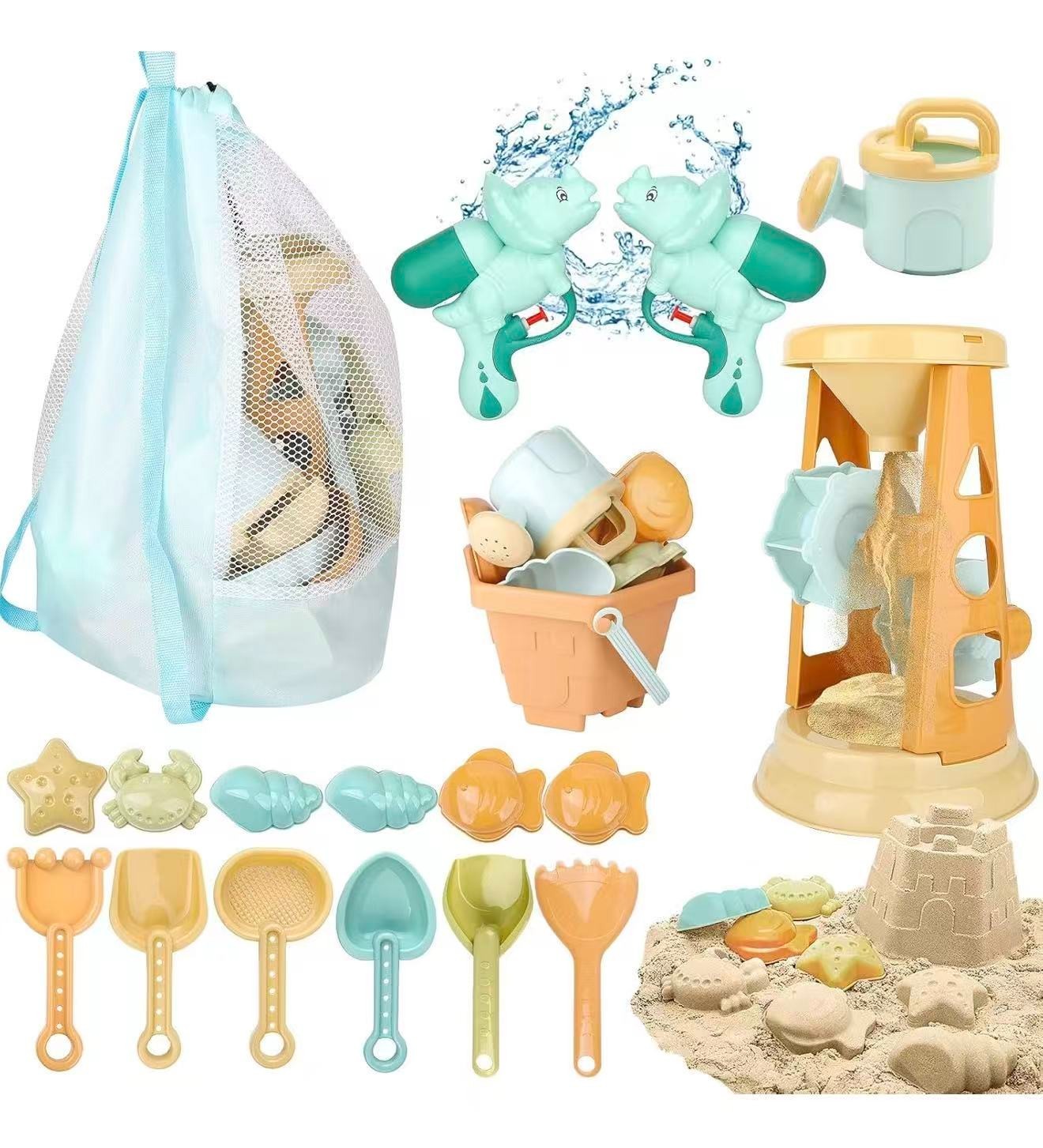 Kids Beach Sand Toys Set with Castle Mold Water Gun Bucket Mesh Bag