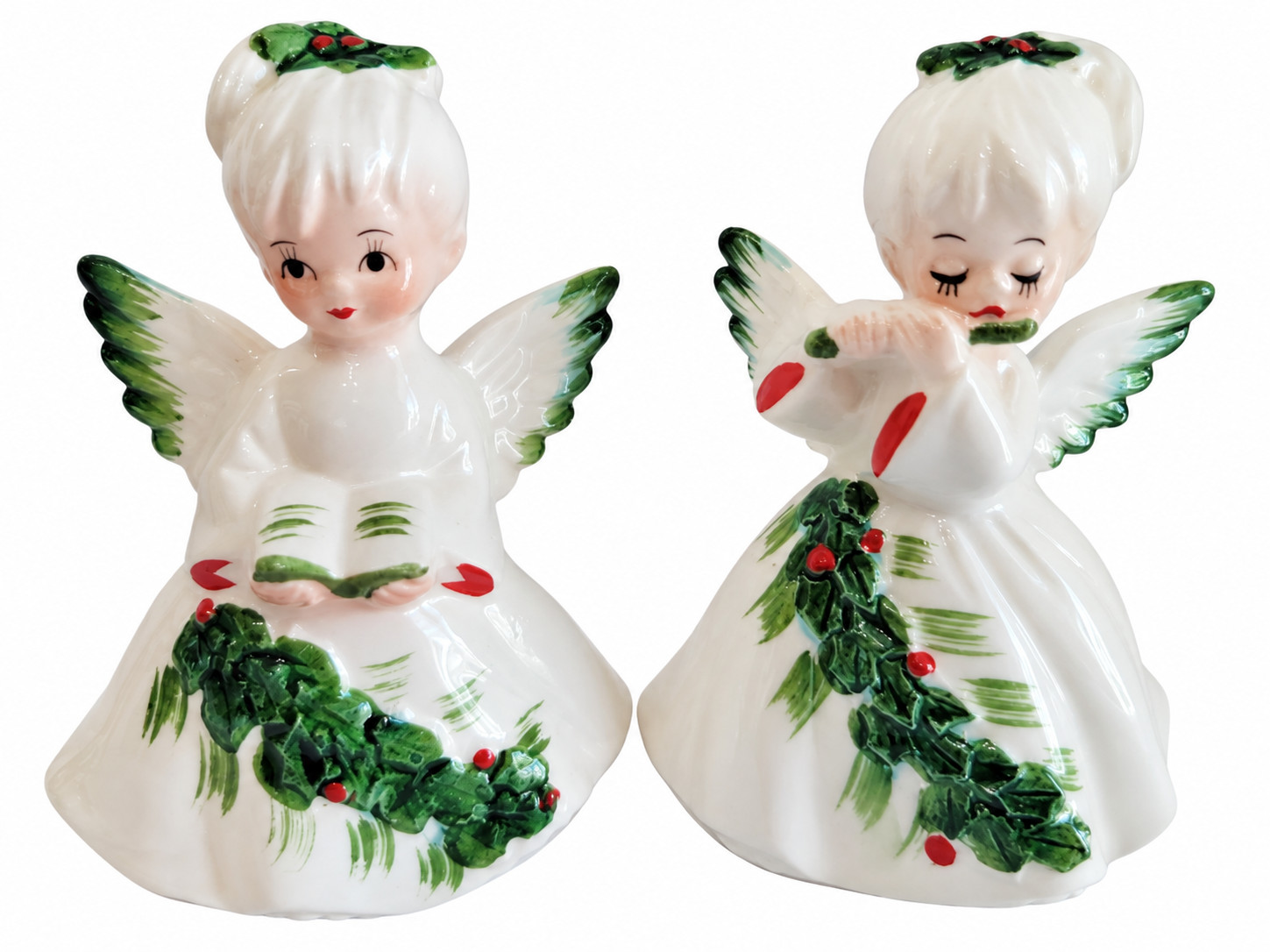 Vintage Lefton Japan #6394 Christmas Angels Singer Lute Porcelain Figurines Set