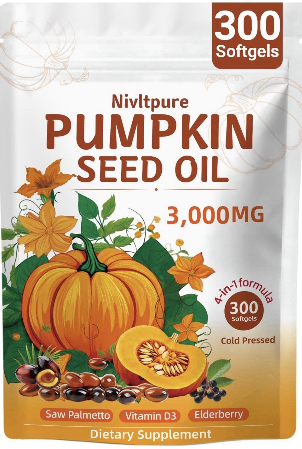 Nivltpure Pumpkin Seed Oil 3000mg Saw Palmetto Elderberry Cold Pressed Non-GMO