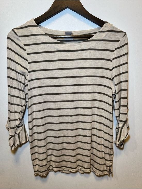 Chico\'s Cream Striped Boatneck Long Sleeve Top