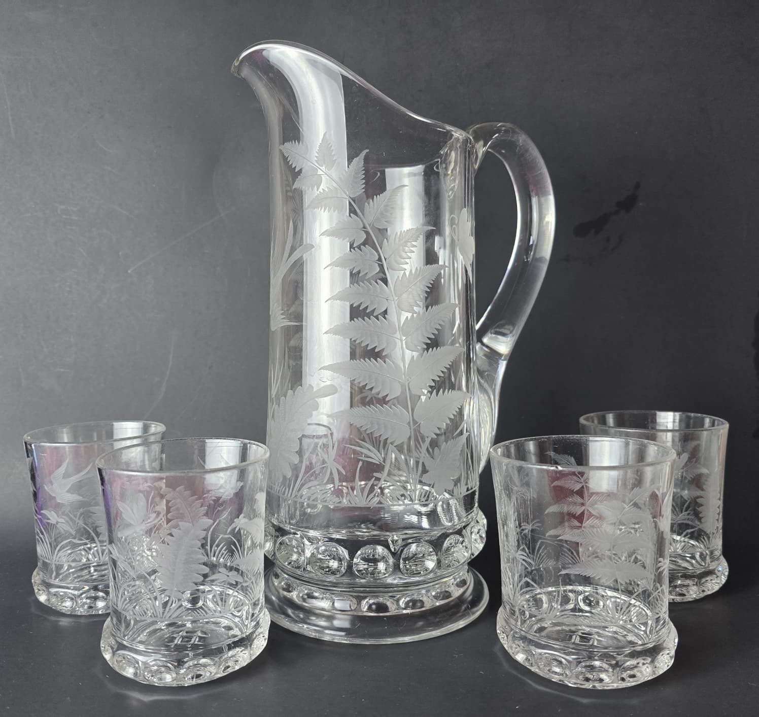 19c Victorian Fern Engraved Etched Pressed Glass Lemonade Pitcher w 4 Glasses 19c Victorian Fern Engraved Etched Pressed Glass Lemonade Pitcher w 4 Glasses
