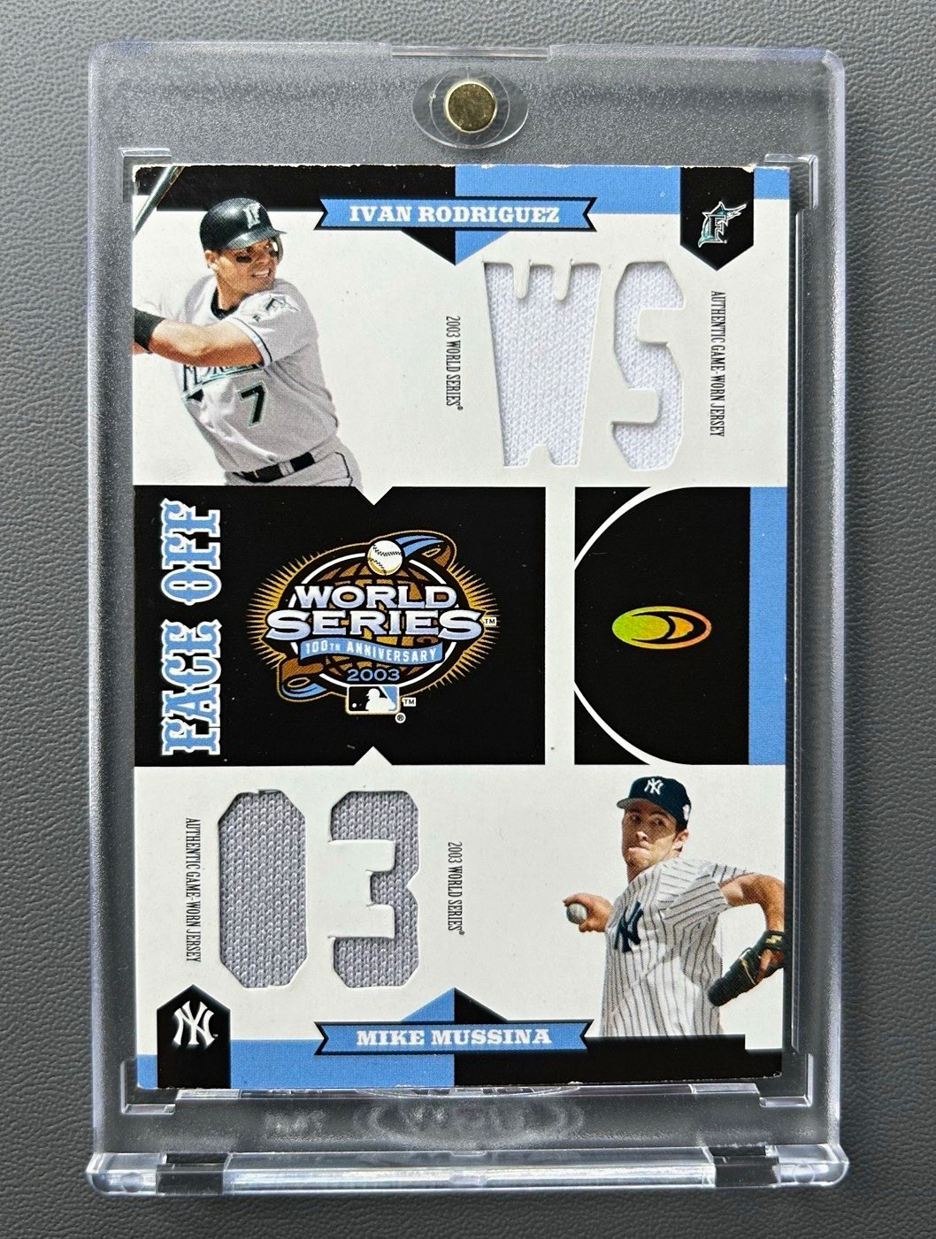 2004 Donruss 03’ WORLD SERIES USED Dual Patch Ivan Rodriguez Mike Mussina /100 